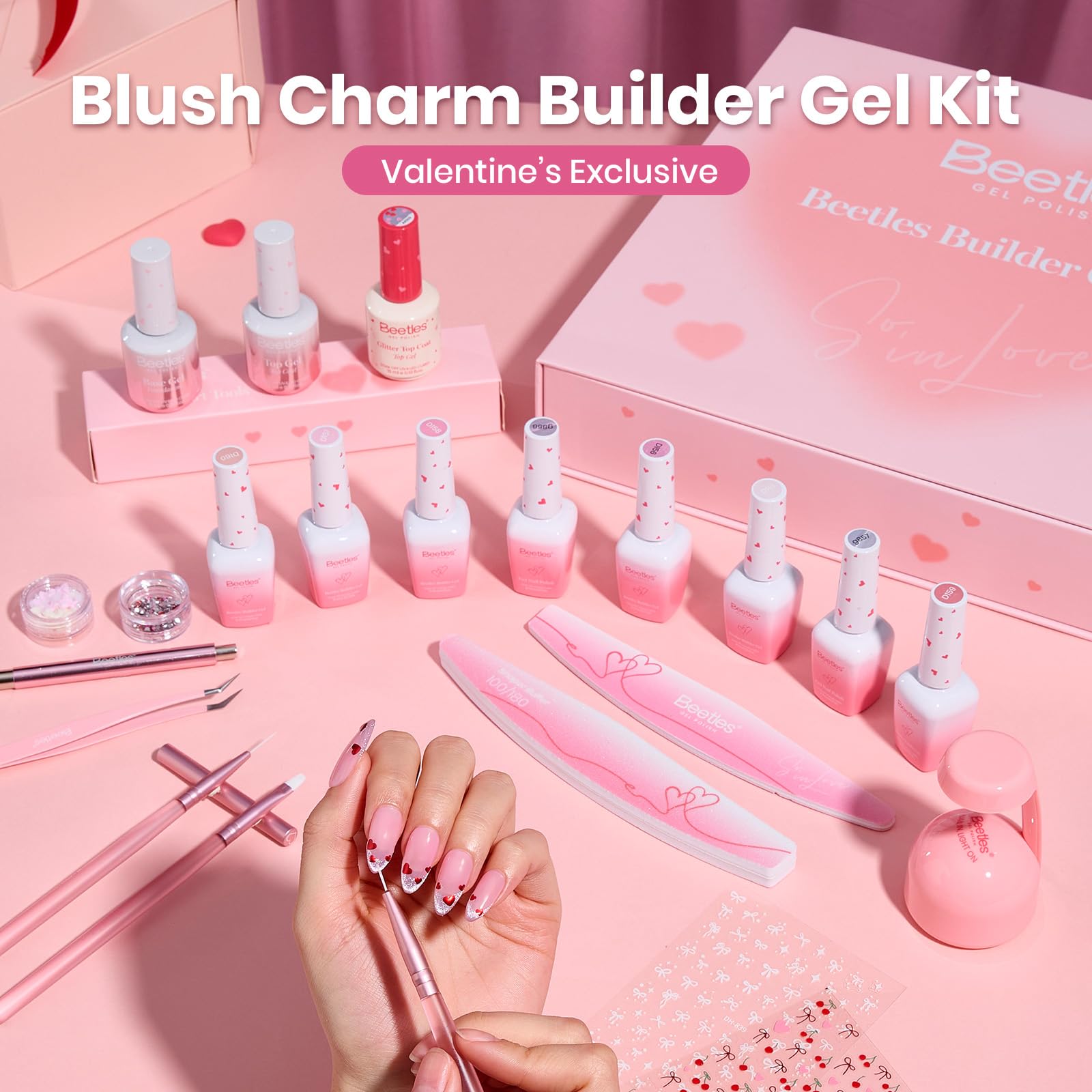 Beetles Valentine Nails: Blush Charm Valentine's Edition Builder Gel Kit with Mini Nail Lamp