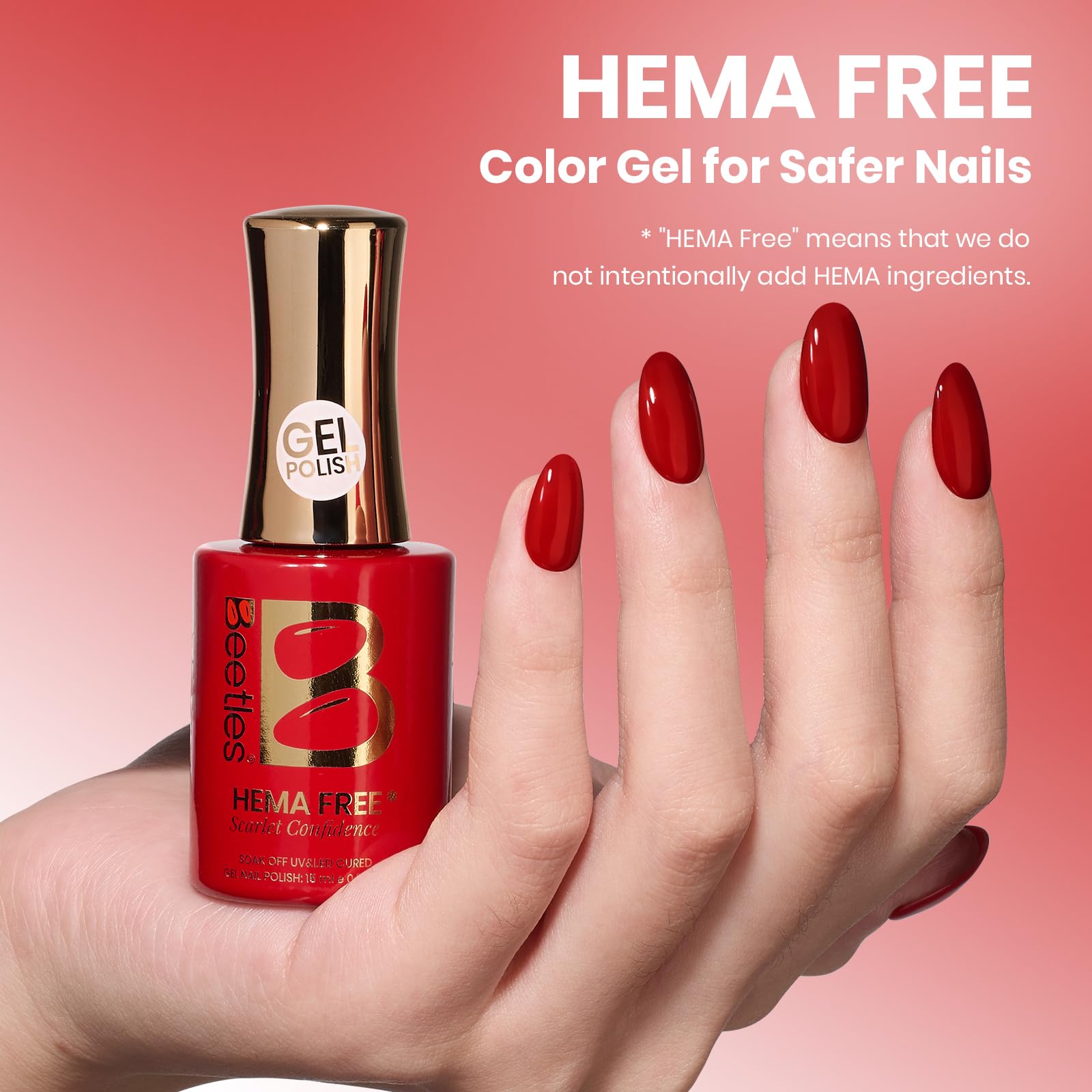 Beetles Red Gel Polish - Scarlet Confidence 15ML/0.51Fl Oz,Hema Free Red Gel Nail Polish, Same Color Same Bottle