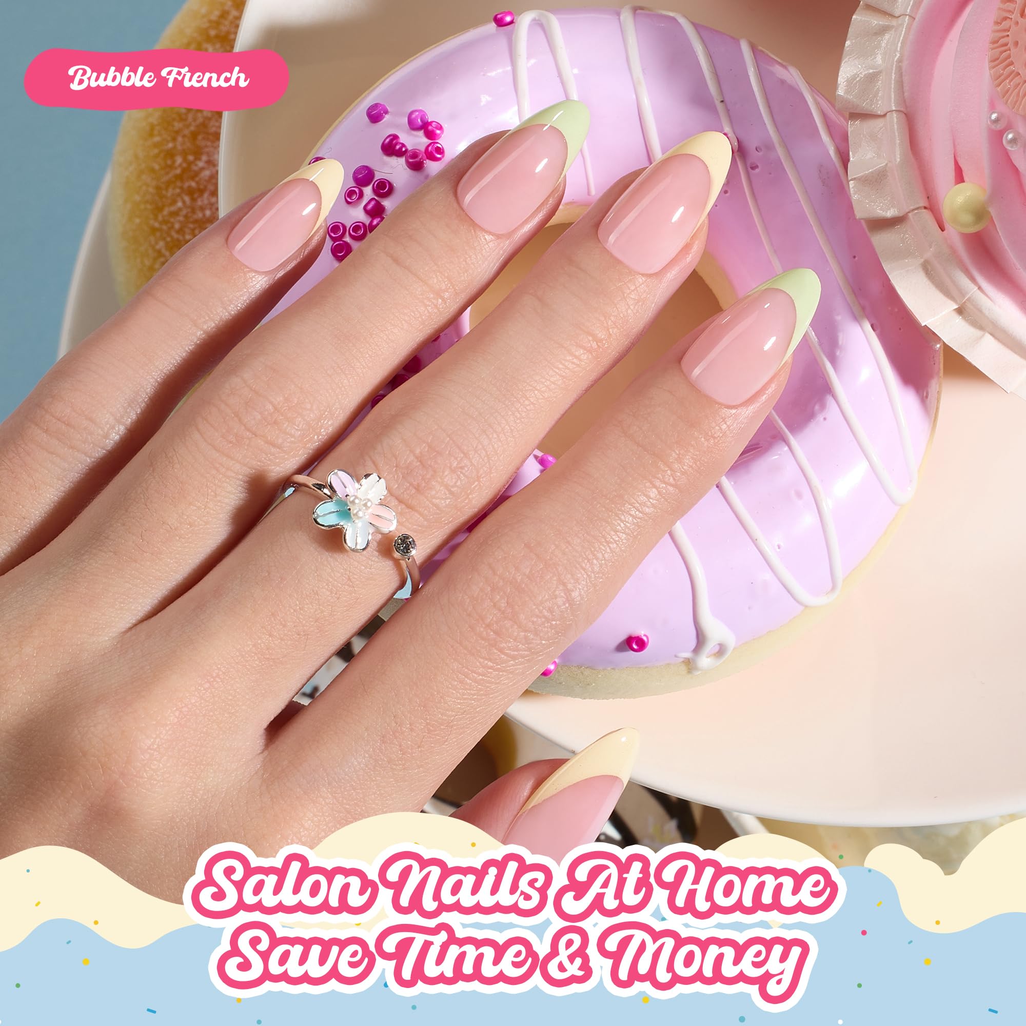 Beetles French Tips Press On Nails, Pastel Spring Nails Medium Almond 6 Colors 192 Pcs, Spring Fake Nail Tips