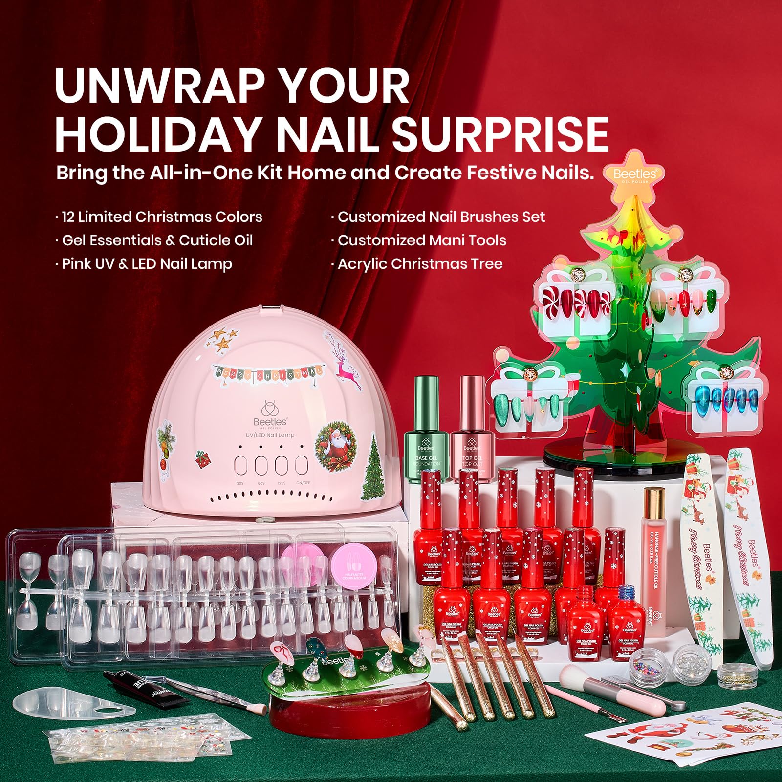 Beetles 67Pcs Gel Nail Kit Crystal Christmas Gifts - 12 Colors Cat Eye Red Glitter Gel Polish Kit