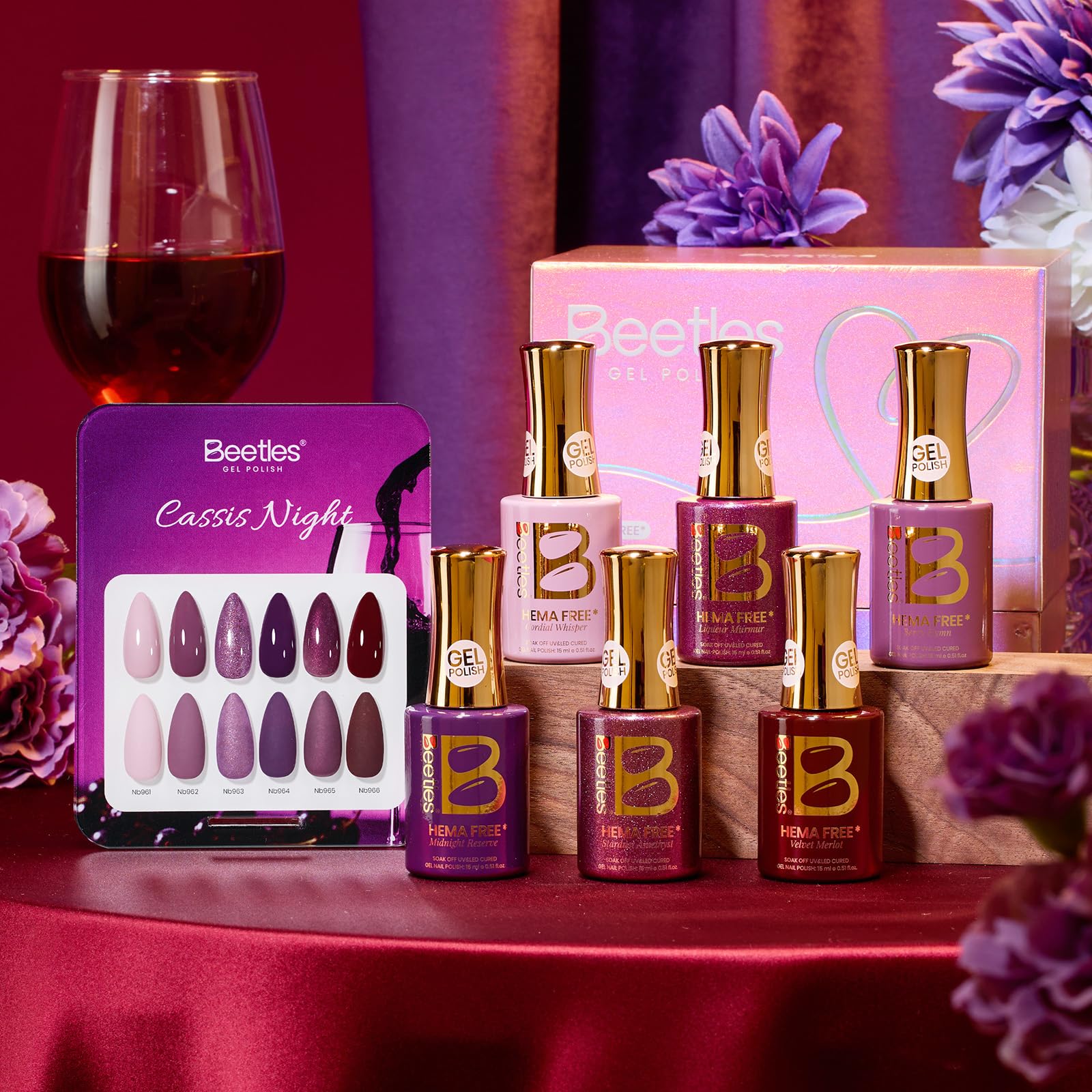 Beetles Purple Gel Polish Set - Cassis Night Collection HEMA-Free - 6 Colors 15ml Dark Purple Glitter Shimmer Color Nails