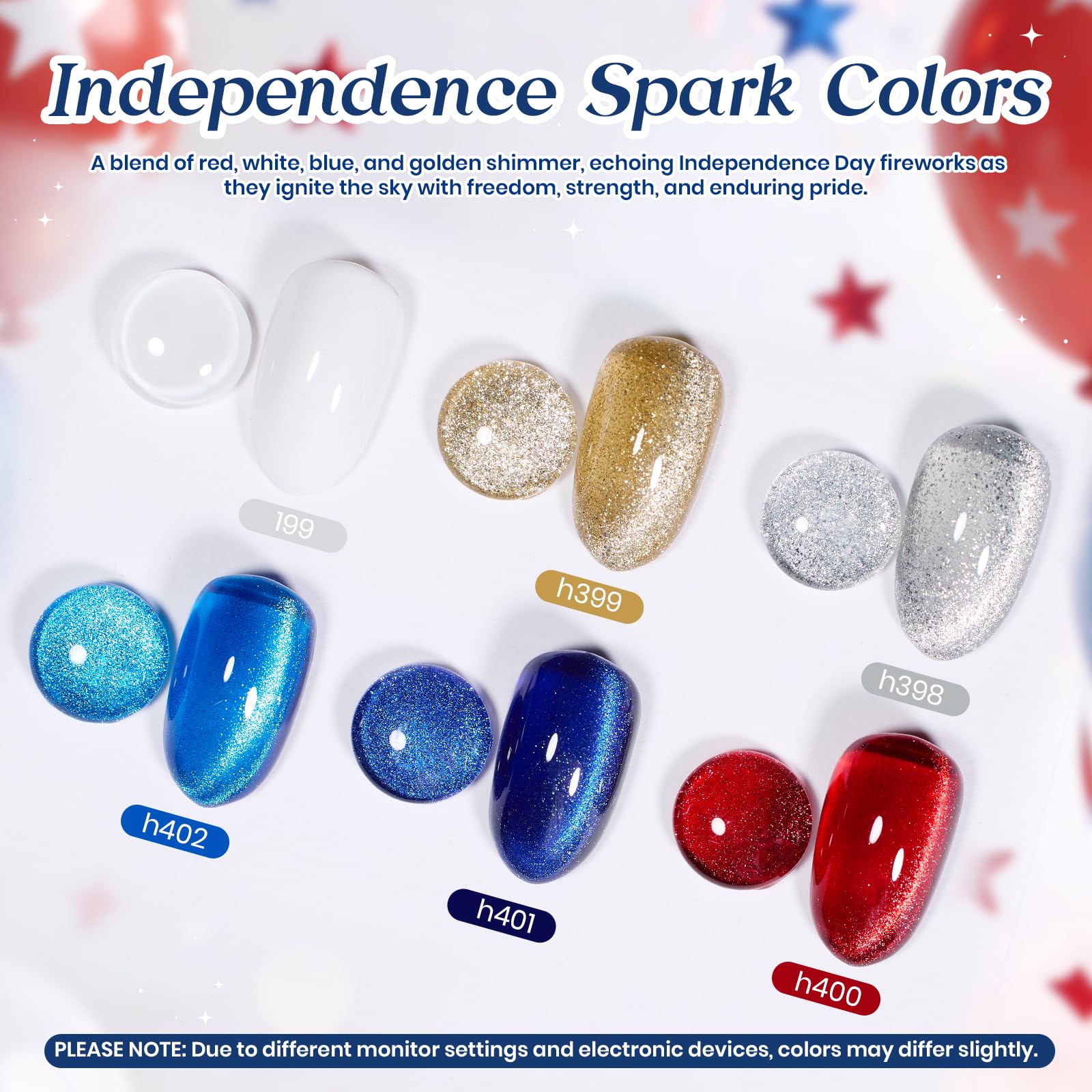 Independence Spark Colors| 6 Colors Cat Eye Gel Polish Set Red White and Glitter Blue
