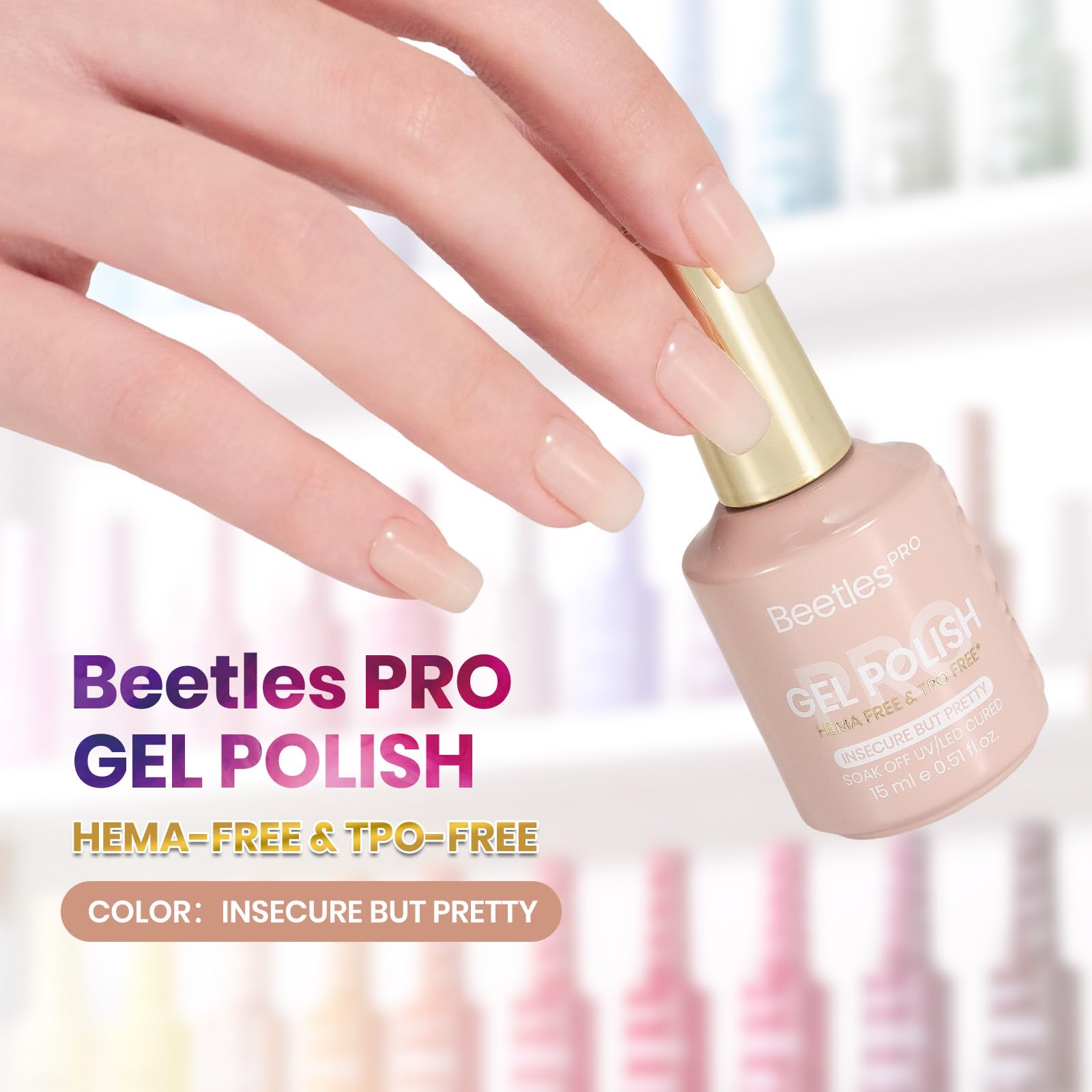 Beetles Pro Nude Gel Nail Polish -Spring Nails  Insecure but Pretty，HEMA Free & TPO Free, 15ml Milky Nude Color Gel Polish