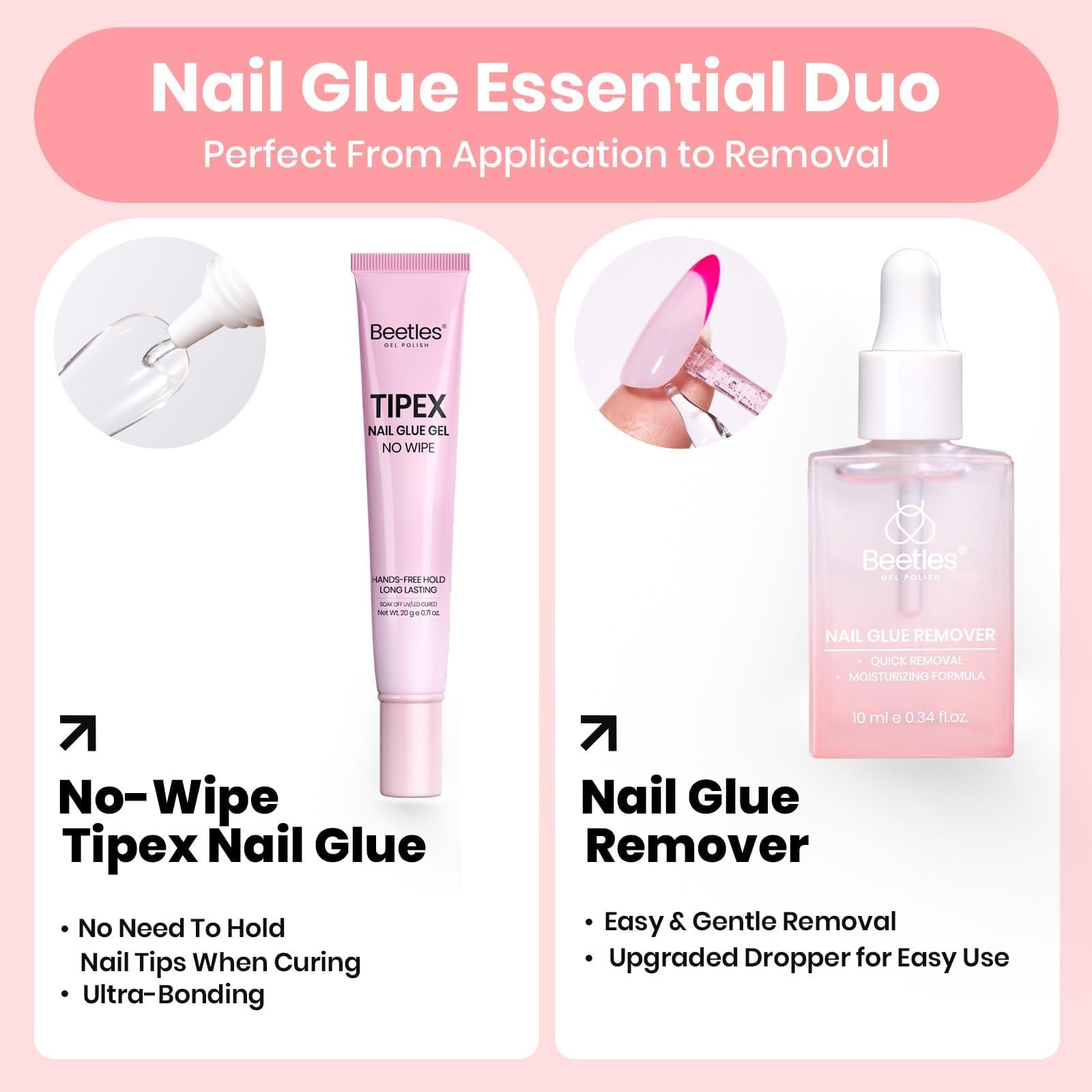 Beetles Nail Glue Essential Duo 20g No Wipe Hands-Free Nail Glue And 10ml Nail Remover With Nail Tools