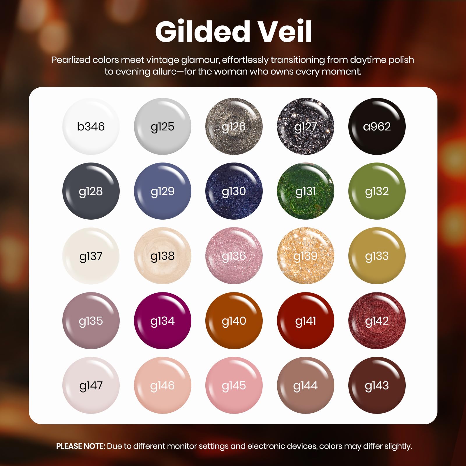 Beetles Gel Polish Gilded Veil collection Winter Nails - 33Pcs 25 Colors Black White Burgundy Blue Nude Grey Green Glitters Set