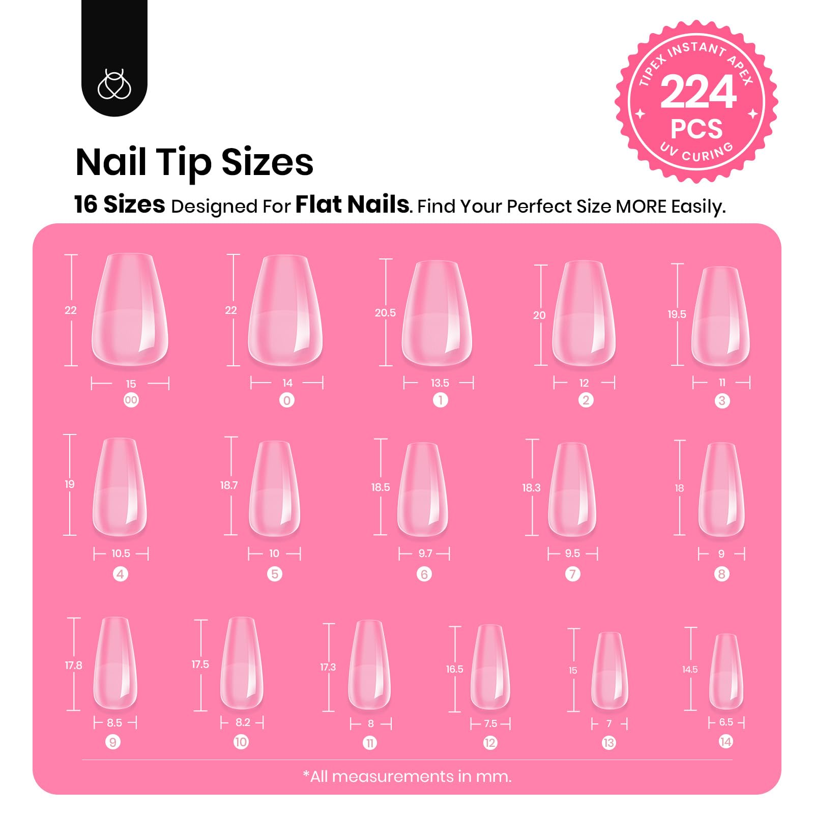 Beetles Tipex Gel Nail Kit Short - 224 Pcs 16 Sizes Pre-Building Pre-Etched False Nail Tips