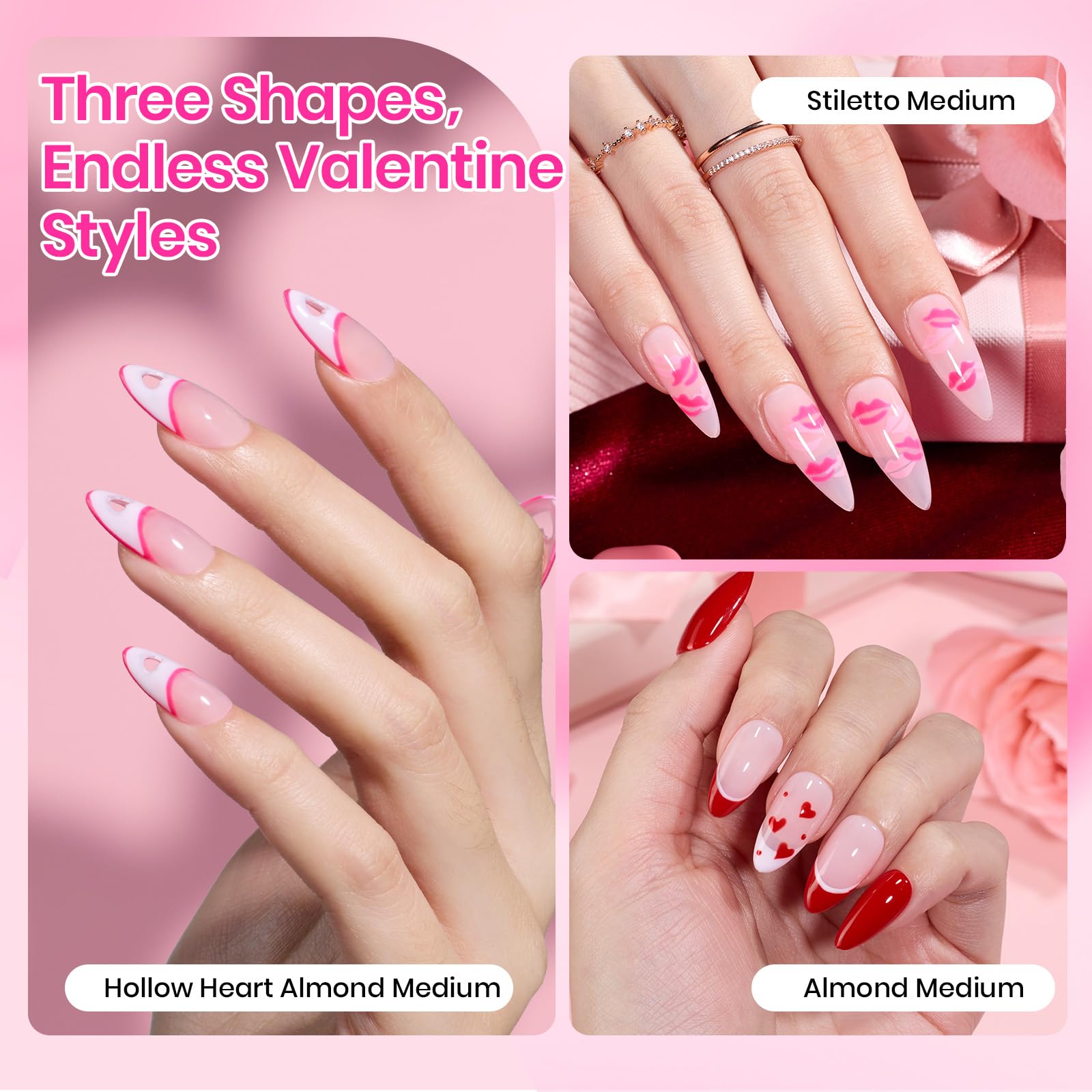 Beetles Tipex Lite Valentine Nails Kit - 192pcs Heart Cutout Pre-Built Apex Almond & Stiletto Medium Nail Tips