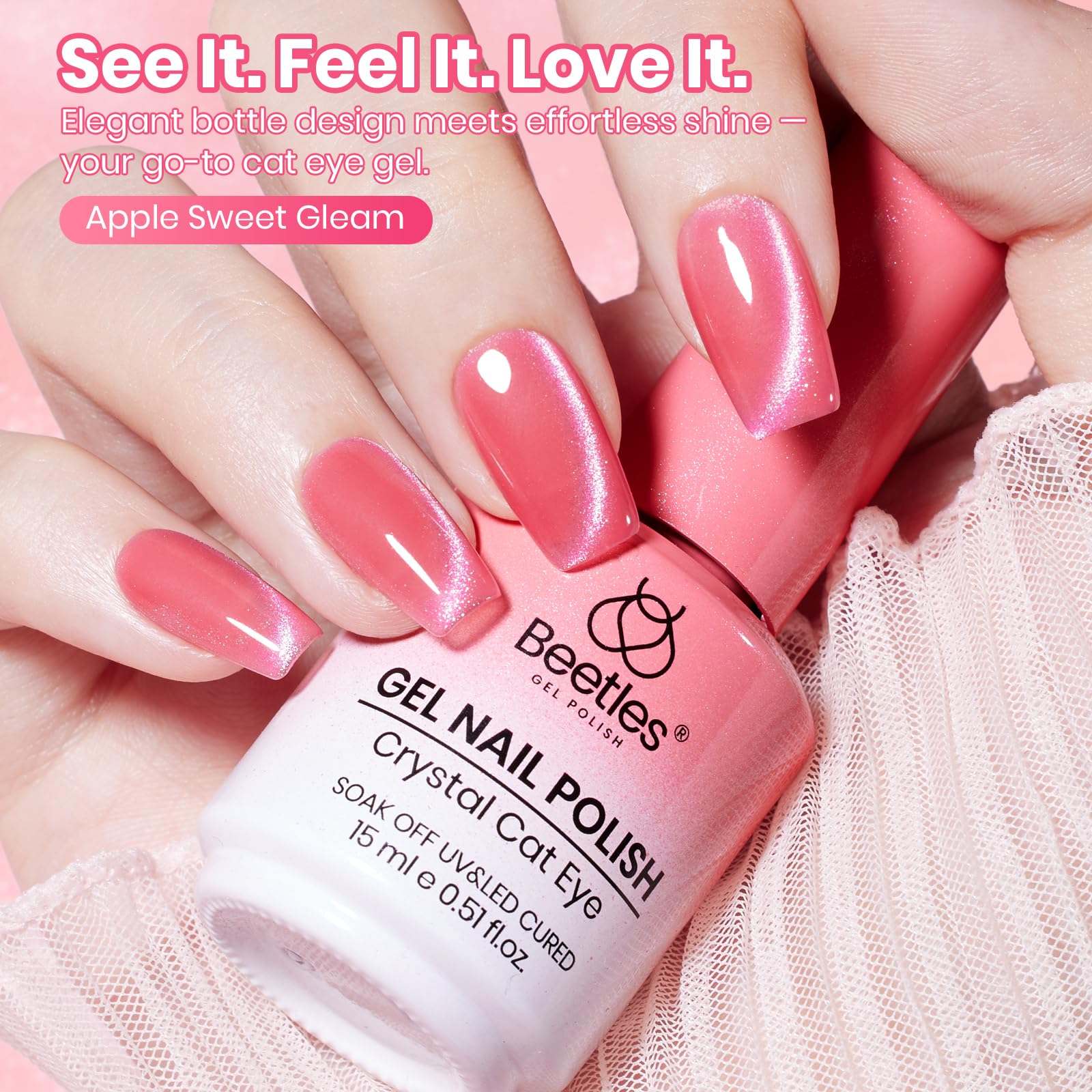 Beetles Apple Sweet Gleam Pink Cat Eye Gel Nail Polish - 15ML Glitter Pink Cat Eye Spring Gel Polish