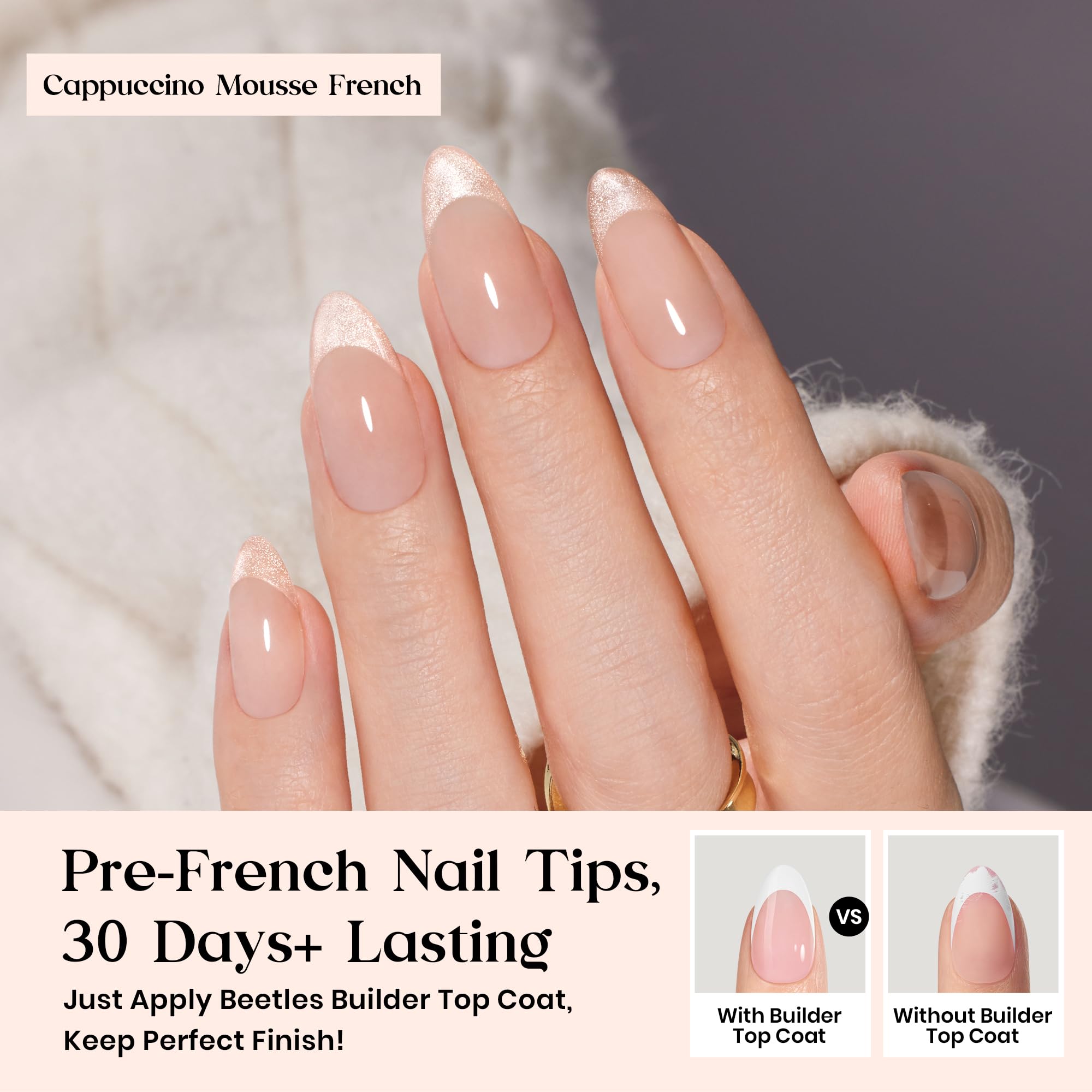 Beetles Press On Nails Kit - Nails Cappuccino Mousse French  224Pcs 16 Sizes 7 Colors Medium Almond French Tip Press On Nails