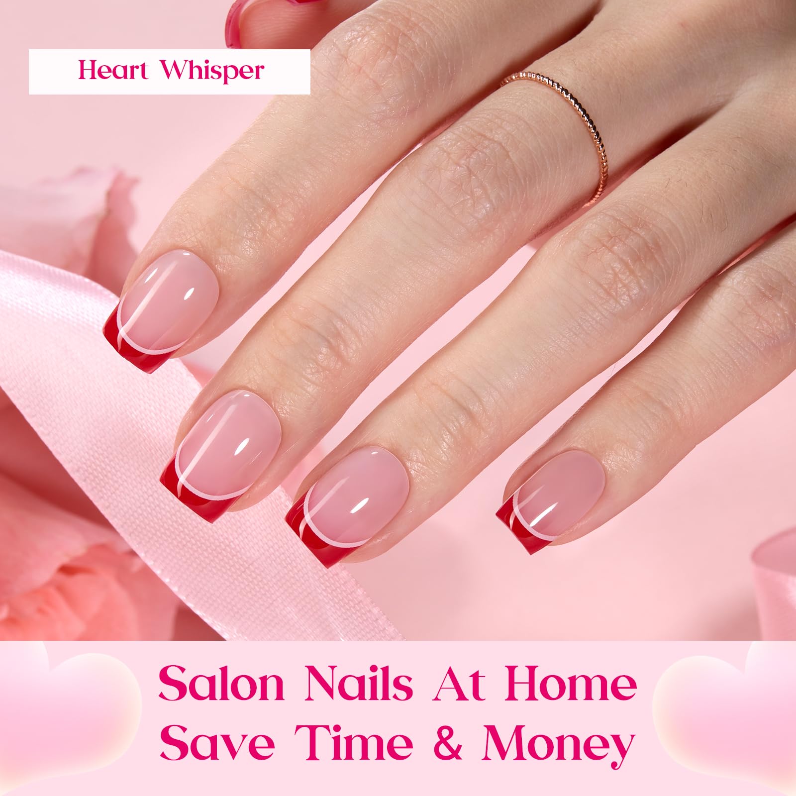 Beetles Valentine Nails Heart Whisper - 15 Sizes 180 Pcs 3 Colors Short Square French Tip Press On Nails