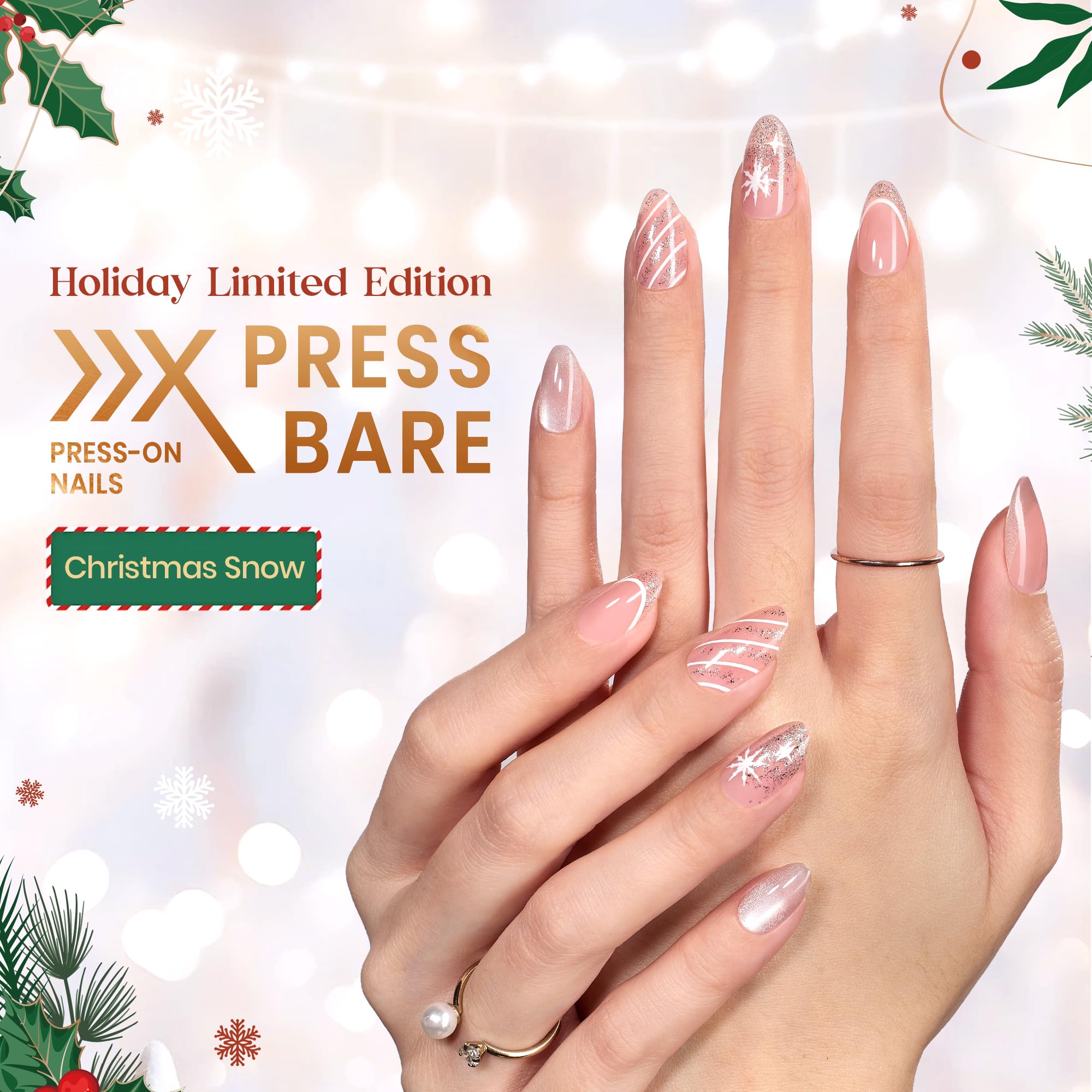 Beetles Press On Nails Christmas Snow - 32Pcs 16 Sizes Short Almond Press On Nails