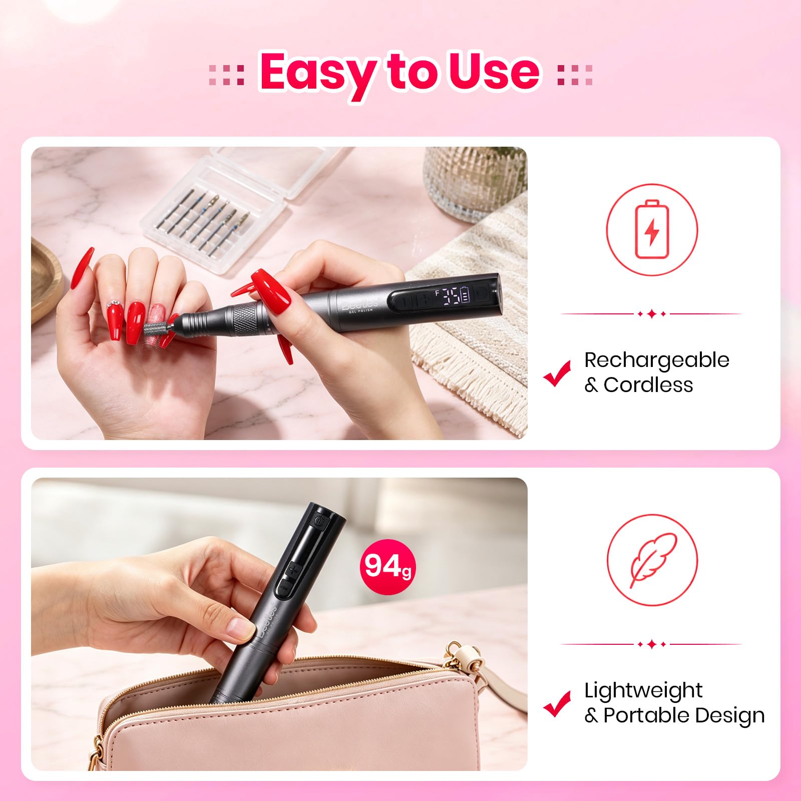 Beetles Electric Cordless Nail Drill Kit 6 Drill Bit 35 Speeds 0-15000 RPM Rechargeable Beginner-Friendly