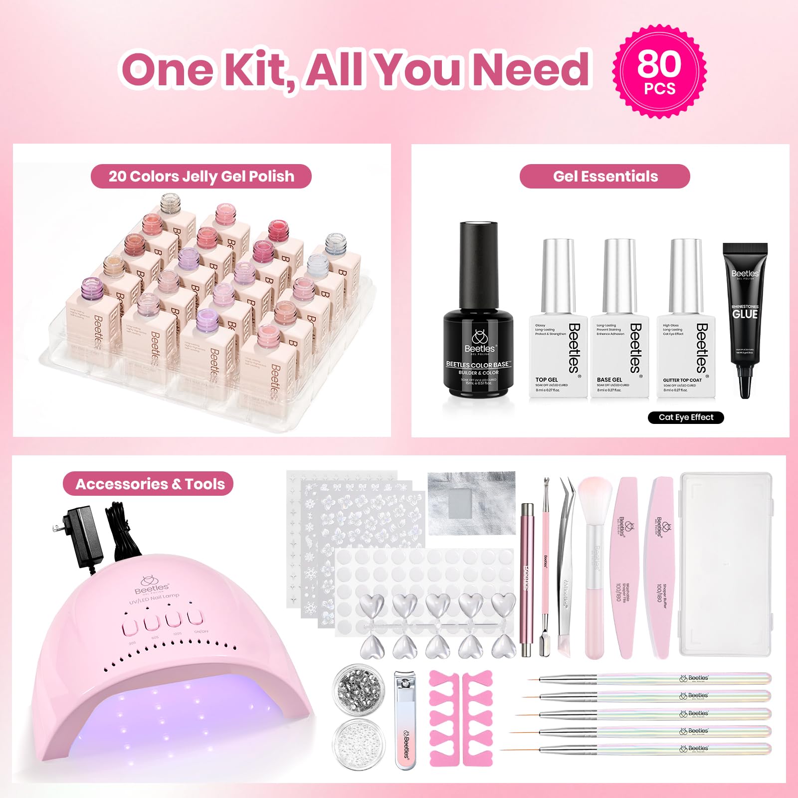 Beetles Gel Nail Starter Kit Sheer Daylight Cat Eye Summer Nails 80Pcs 20 Colors Jelly Gel Nude Red Purple Glitter All-in-One Mani Kit