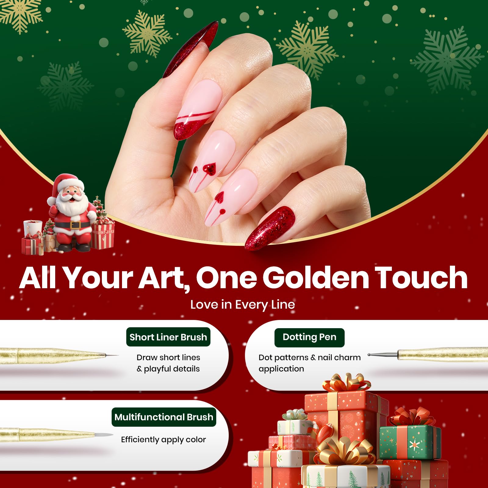 Beetles Christmas Nail Art Brushes 6pcs – Golden Gleam Nail Art Tools Liner Brushes for Nails