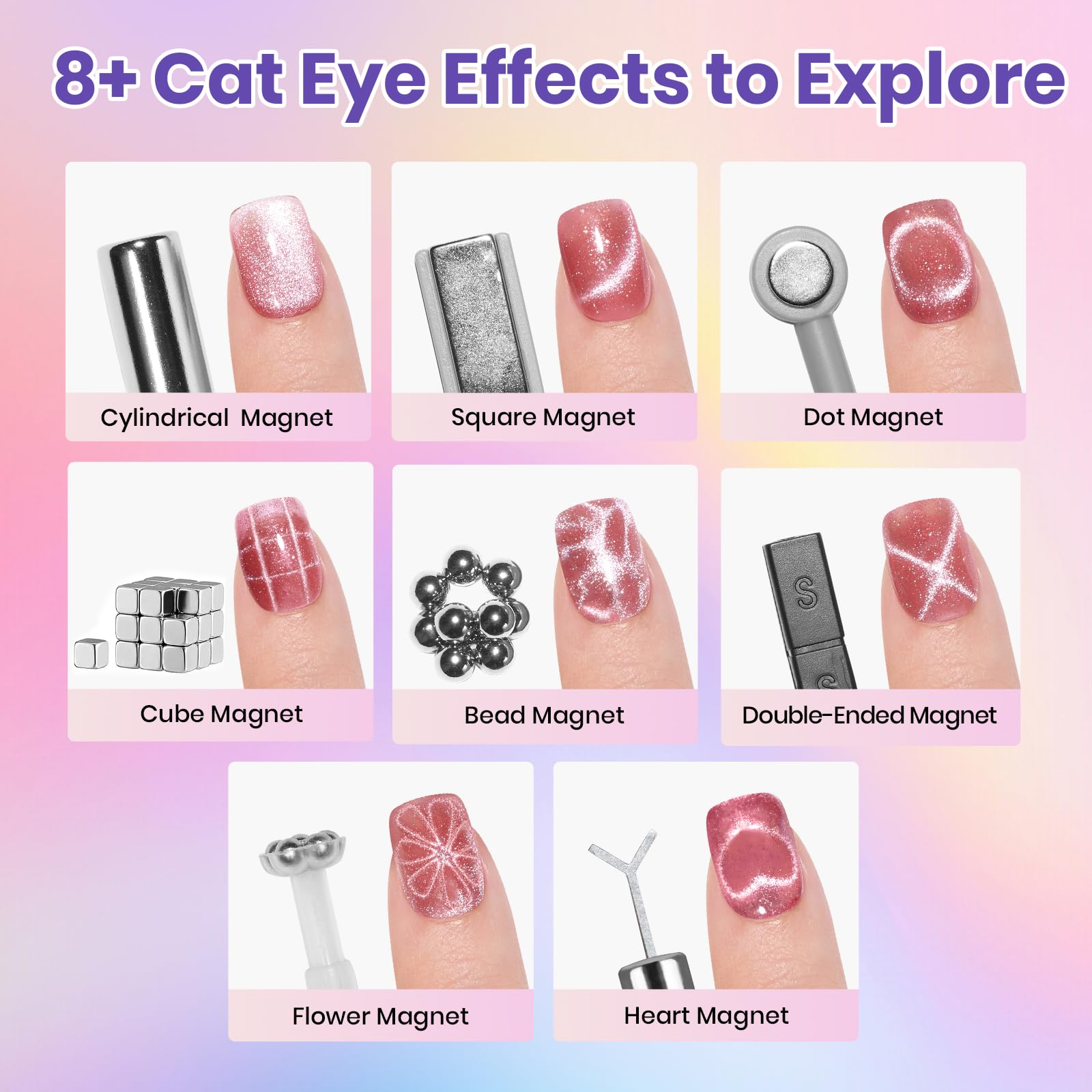 Beetles Gel Nail Starter Kit Illusion Glow Cat Eye Summer Nails 96Pcs 20 Colors With UV Light All-in-One Mani Kit