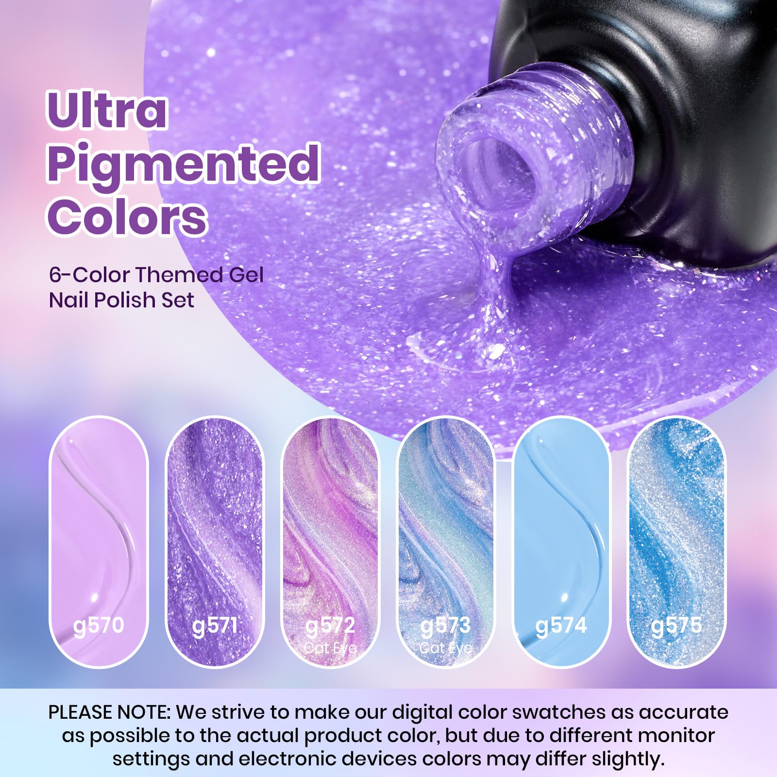 Beetles Purple Gel Nail Polish Set - Dreamscape Wander 6 Colors Purple Glitter Shimmer Cat Eye Gel Polish Kit