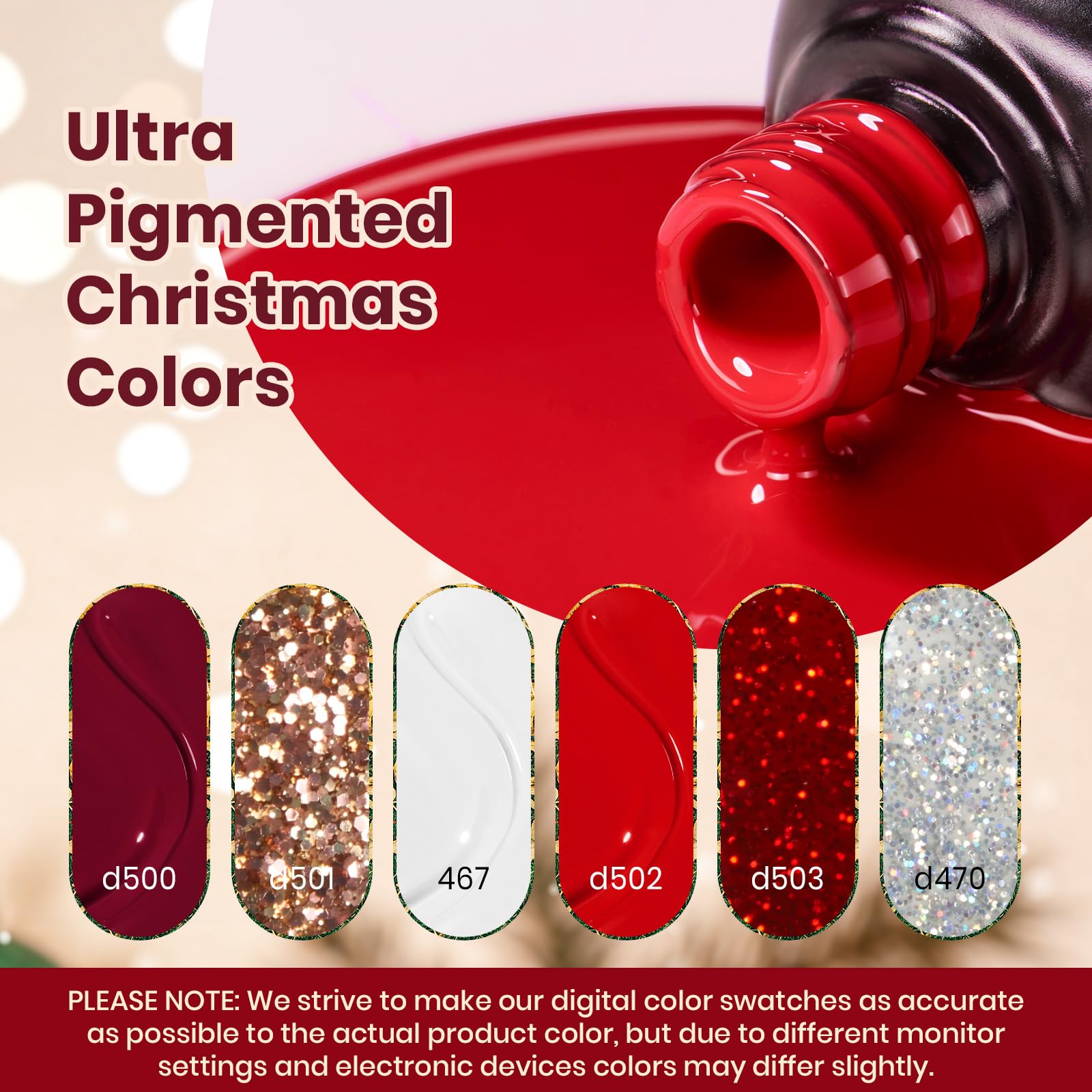 Beetles Christmas Gel Nail Polish Set Candy Cane - 6 Color Burgundy Red Glitter White Silver Winter Snow Holiday Sparkle Manicure Kit