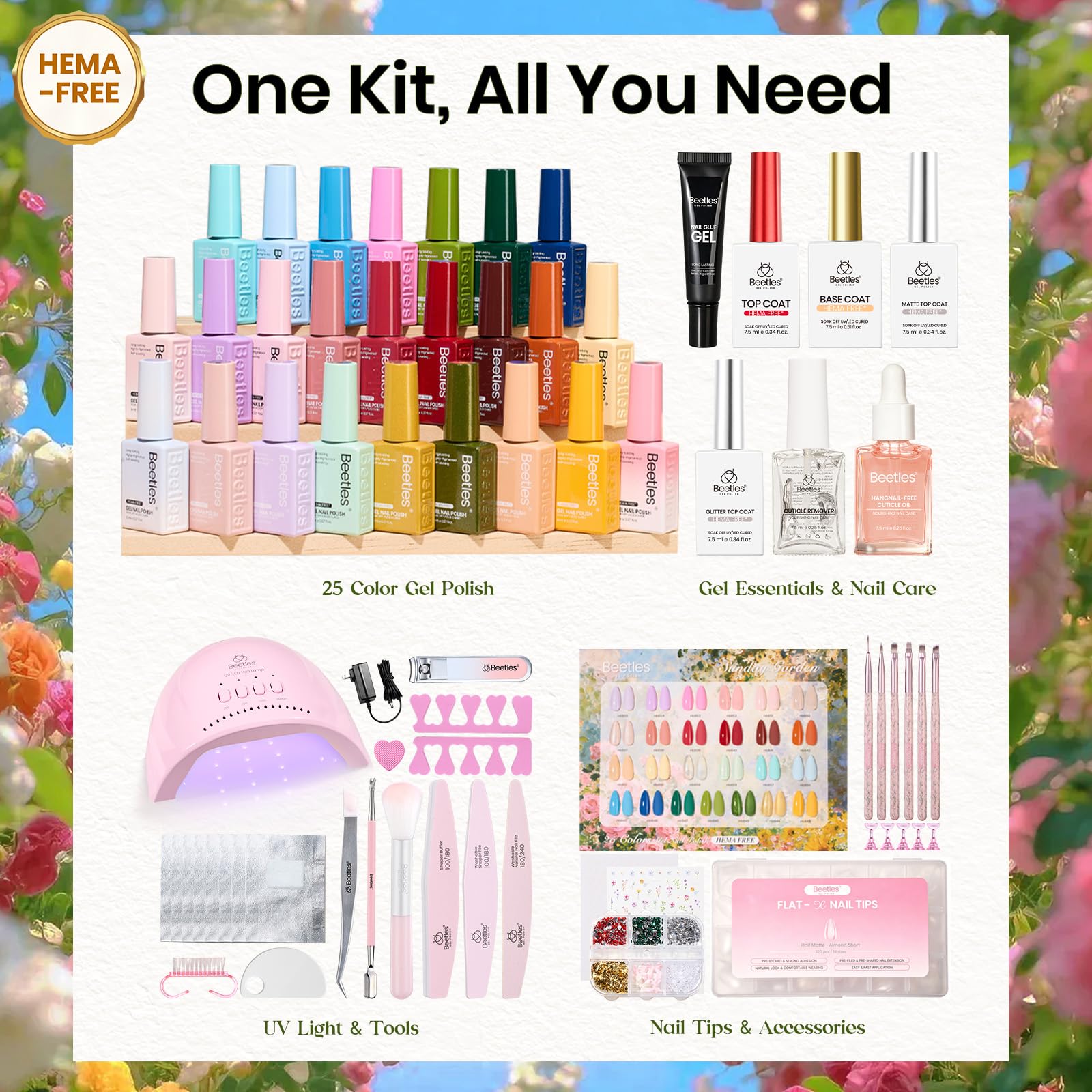 Beetles Gel Nail Starter Kit Sunday Garden HEMA-FREE Summer Nails 64Pcs 25 Colors Pink Nude Blue Nail Art All-in-One Mani Kit