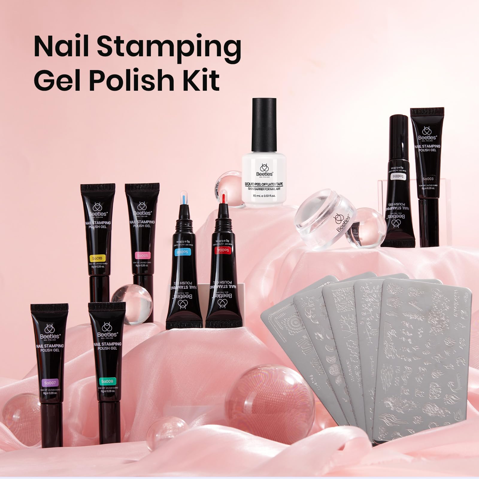 Beetles Palette Playbox Nail Stamp Gel 16Pcs French Tip Nail Stamp Kit with 8 Colors Stamper Gel Polish