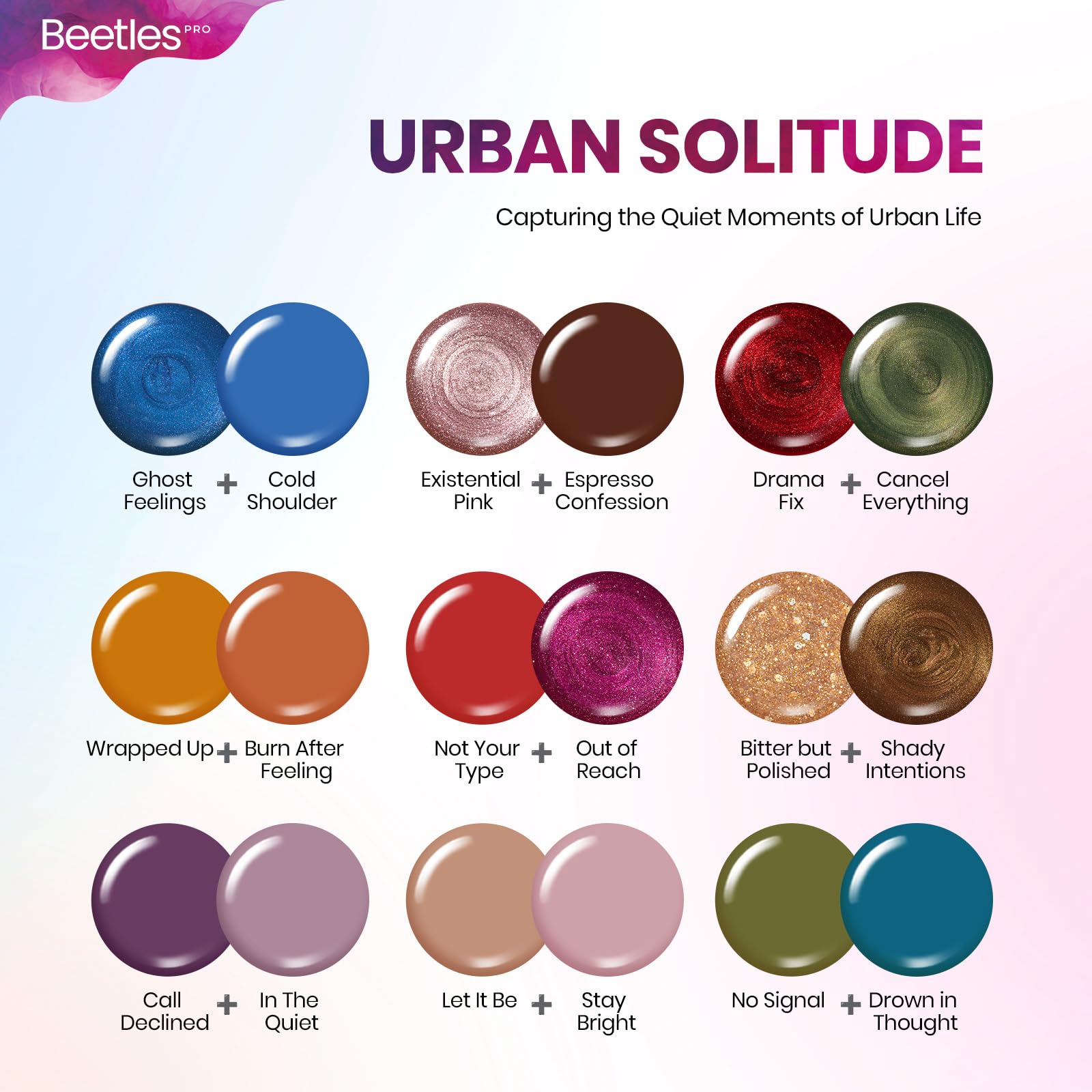 Beetles PRO Gel Polish Kit – Urban Solitude Collection 18 Colors 15ml Salon Polish Set with Base Coat