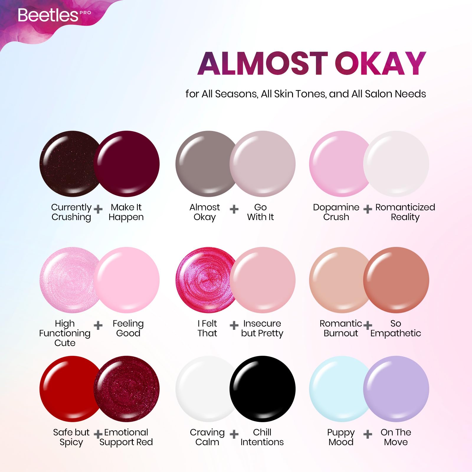 Beetles Gel Nail Starter Kit Summer Nails  PRO Colorists Almost Okay Collection 18 Colors All-in-One Mani Set