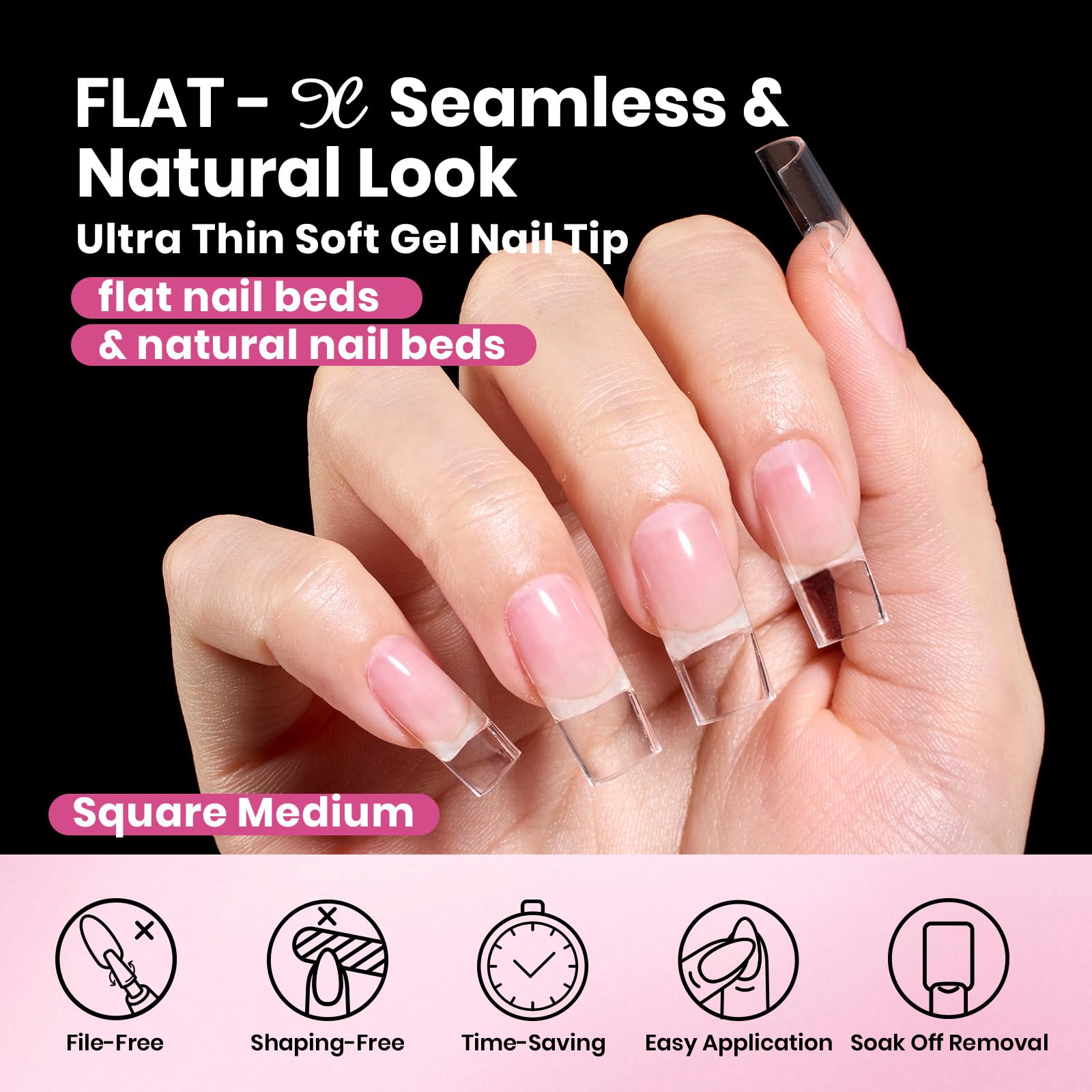 Beetles Gel Nail Tips Flat-X- Square Medium 320pcs 16 Sizes(00-14) Pre-Etched Half Matte Full Cover Soft Gel Tips