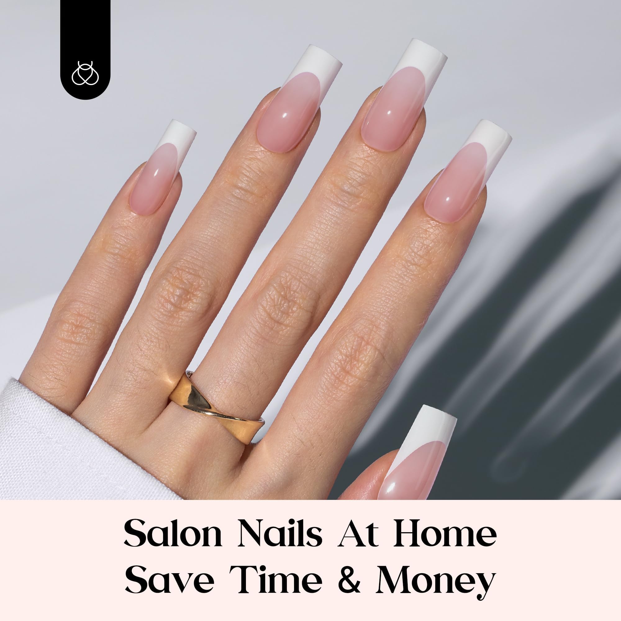 Beetles French Tip Press on Nails Long Square Salon Quality - White French Pink Gel Nail Tips 15 Sizes