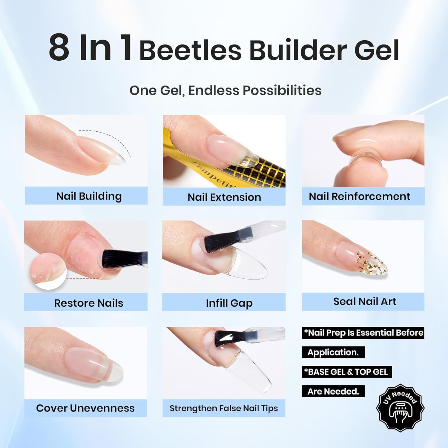 Beetles Builder Gel for Nails - 0.51 oz 8 in 1 Clear Builder Strengthener Gel Enhancement Nail Building Nail
