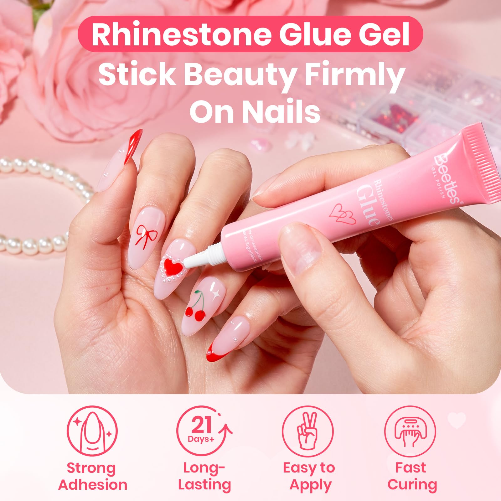 Beetles 3D Gel Nail Art Rhinestones Glue Kit - Valentine Nails Limited Nail Decorations for Nail polish