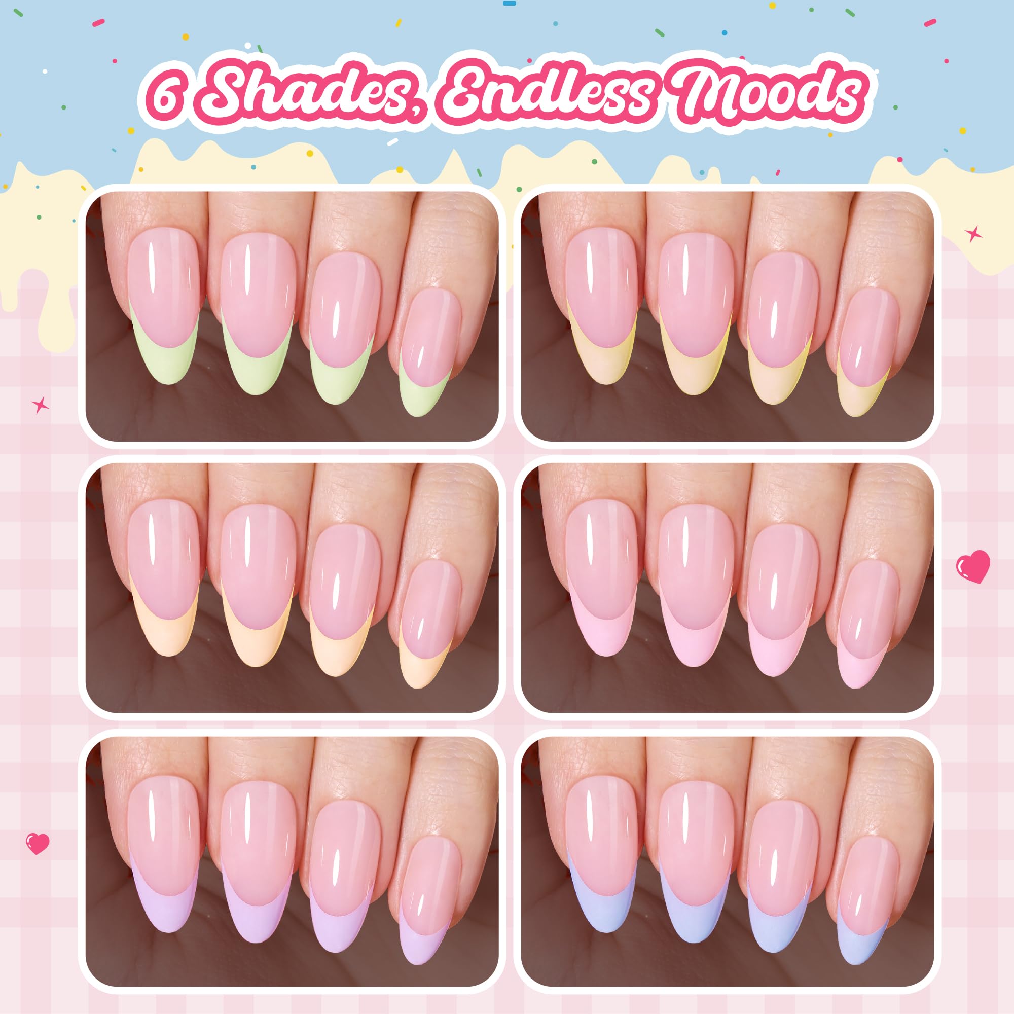 Beetles French Tips Press On Nails, Pastel Spring Nails Medium Almond 6 Colors 192 Pcs, Spring Fake Nail Tips