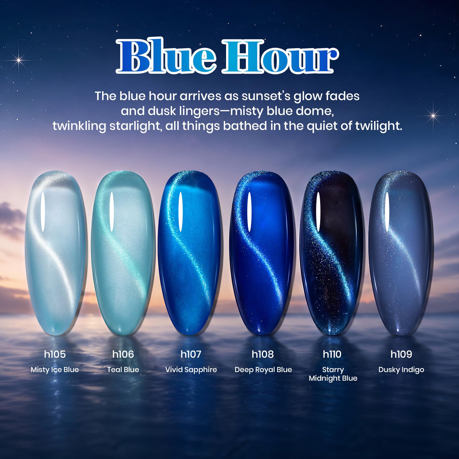 Beetles Blue Hour 6 Colors Cat Eye Gel Nail Polish Set 15ML Full Size Glass Cat Eye Magnetic Effect