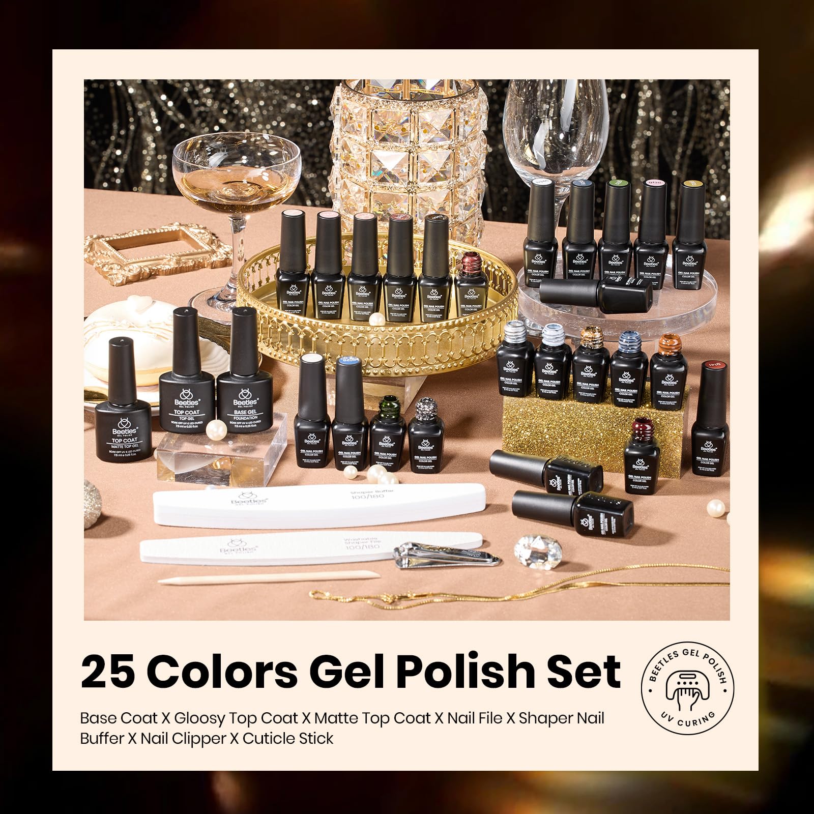 Beetles Gel Polish Gilded Veil collection Winter Nails - 33Pcs 25 Colors Black White Burgundy Blue Nude Grey Green Glitters Set