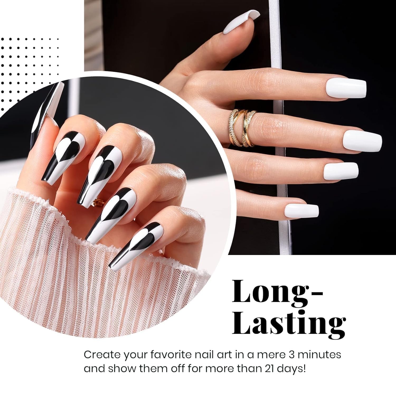 Black White Colors - 4Pcs White Black Gel Polish Set with No Wipe Top&Base Coat Nail Polish Set