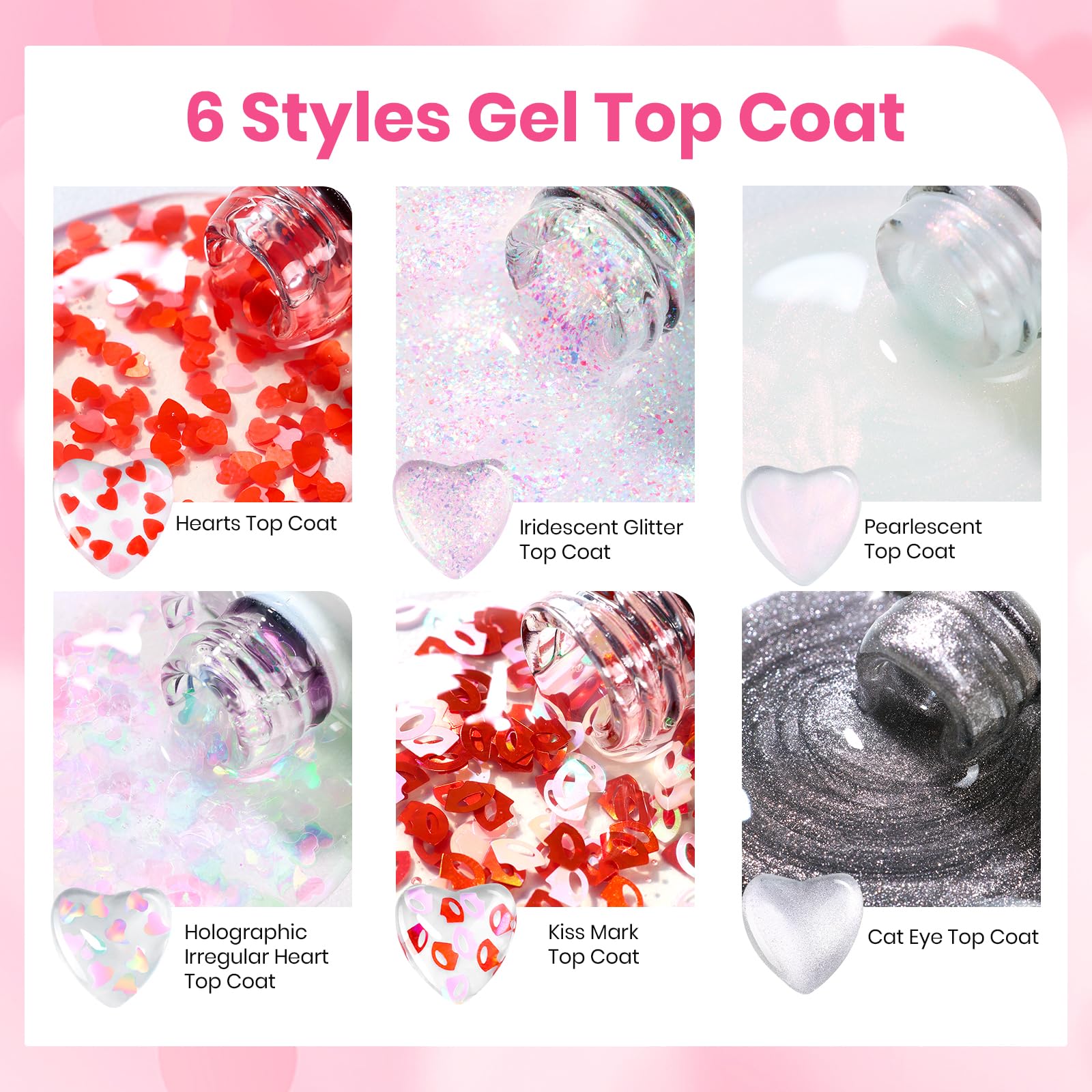 Beetles Valentine Nails Gel Top Coat Set - 6Pcs 10ml Heart Sparkle Cat Eye (Valentine's Limited)