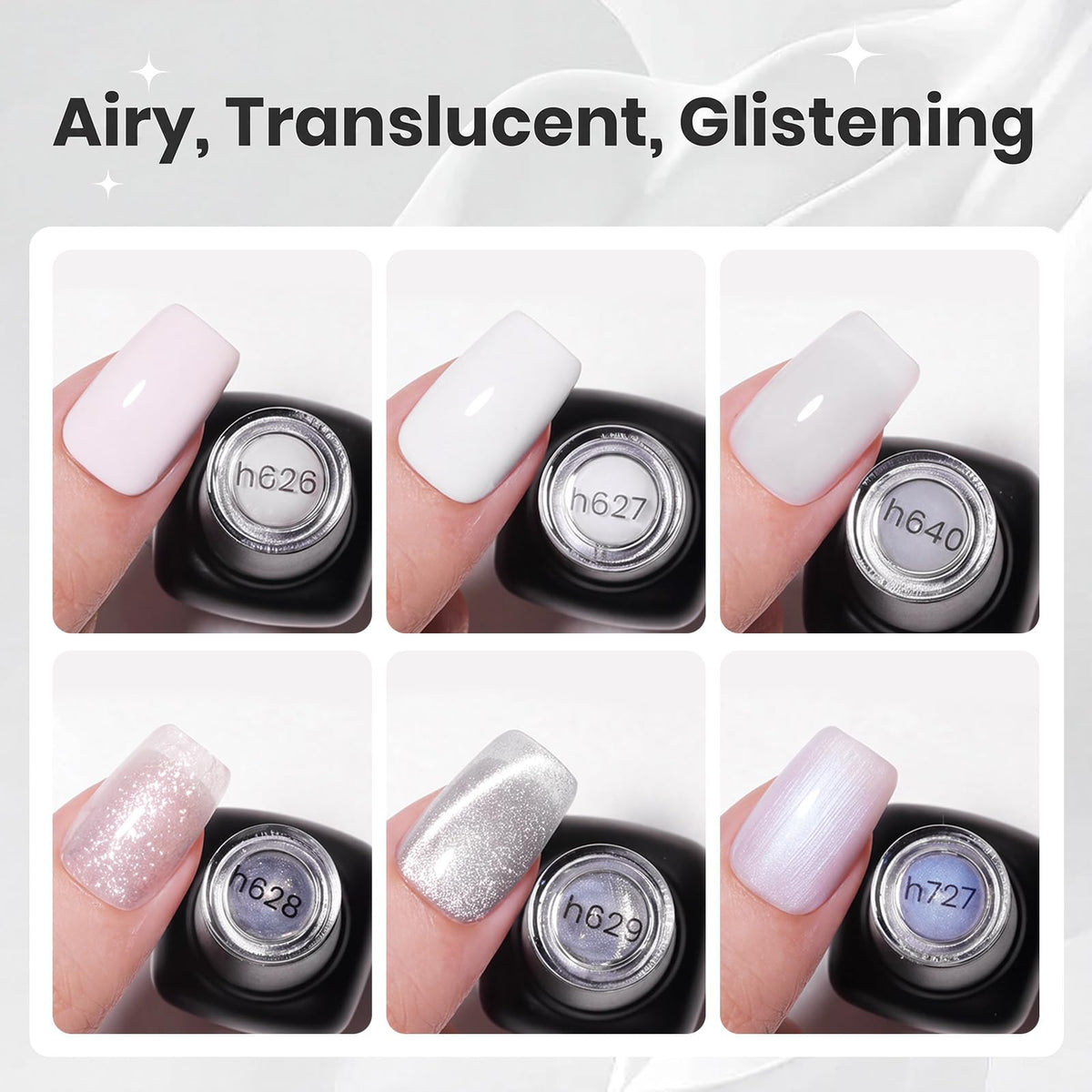 Beetles White Gel Nail Polish Set 6 Colors Milky White Silver Glitter Pearl Cat Eye