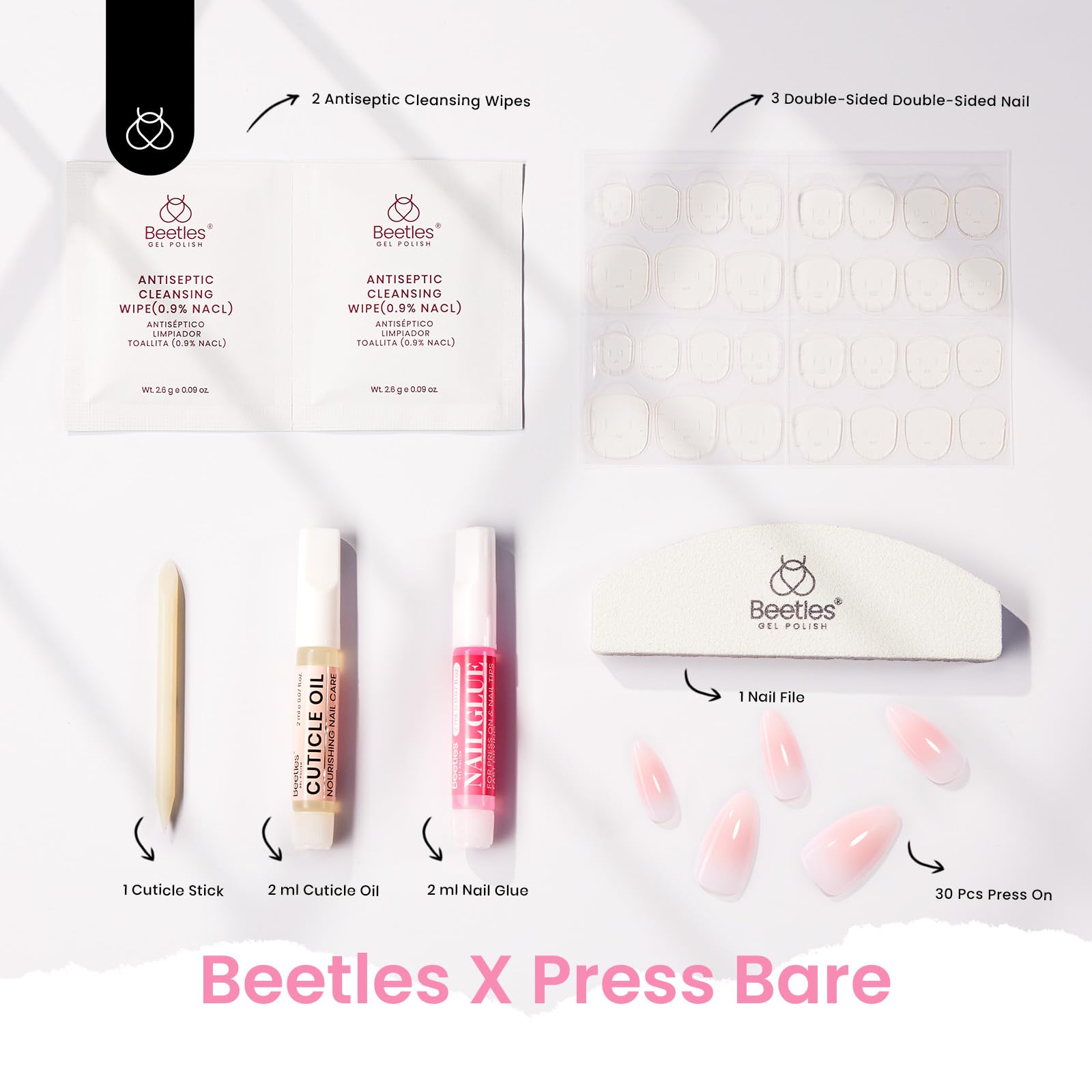 Blush Rose | Beetles X PRESS BARE Press On Nails Medium Almond Blush Pink (15 Sizes-30Pcs)