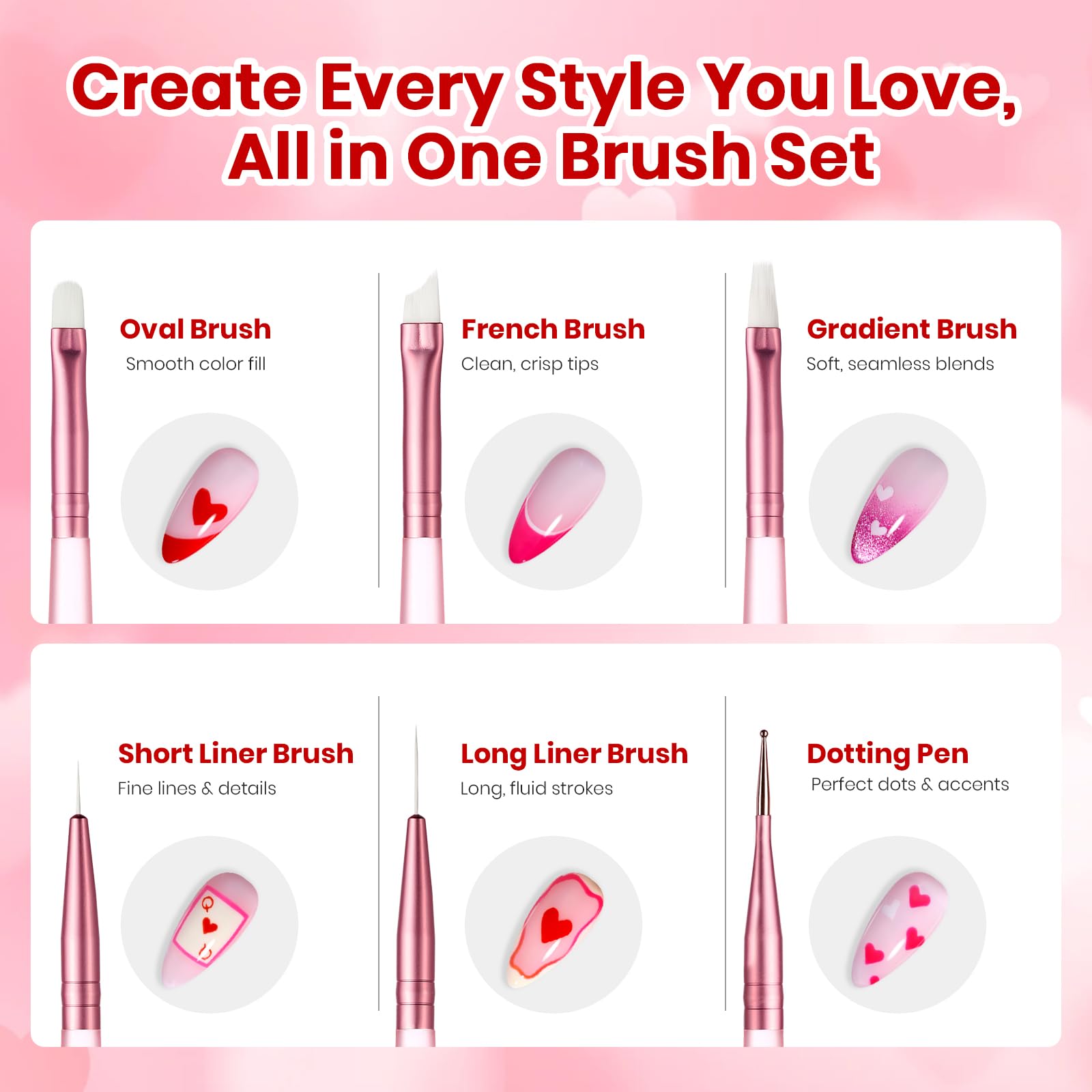 Beetles Valentines Nail Art Brushes 6pcs – Cherish Nail Art Tools Liner Brushes