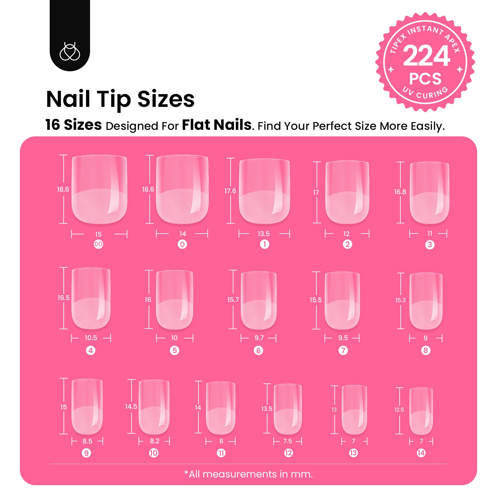 Beetles Tipex Gel Nail Kit  Pre-Extra Short Square: 16 Sizes 224 Pcs Pre-Building False Nail Tips