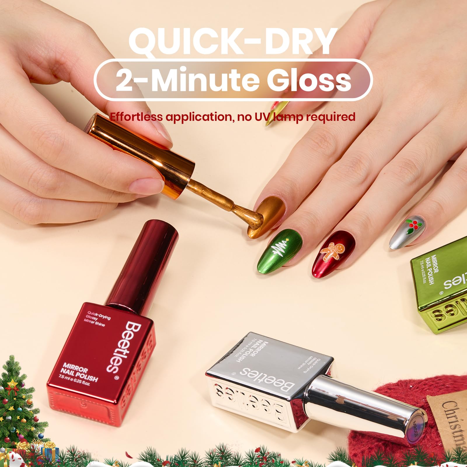 Beetles Chrome Metallic Nail Polish Set - Jingle Jewels 6 Colors Quick-Drying Glossy Mirror Nail Polish