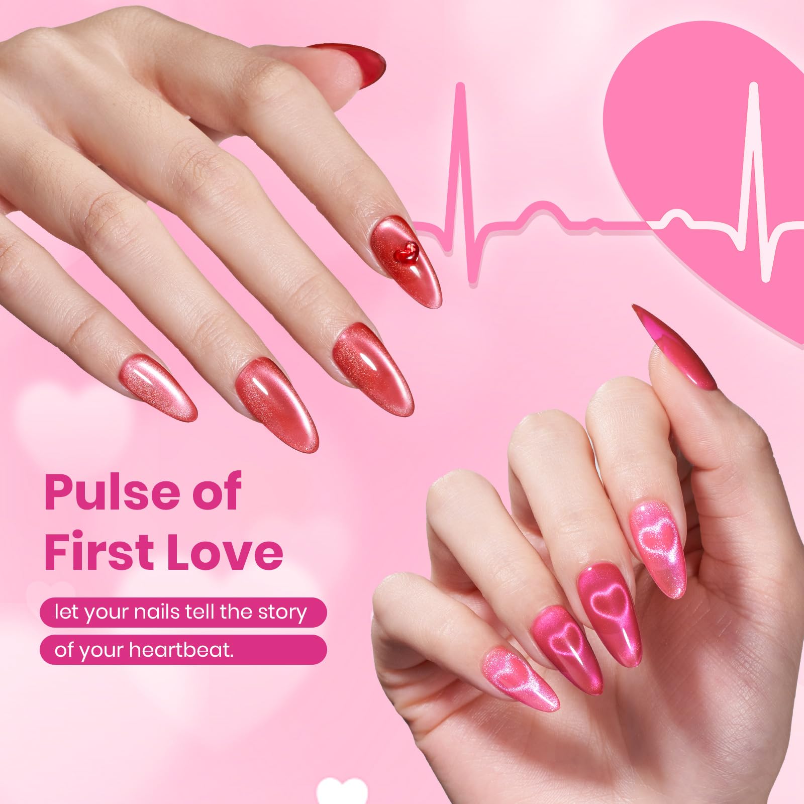 Beetles Love Signal Pink Gel Nail Polish Set - 6 Colors Valentine Nails Pink Cat Eye Glitter Gel Polish Kit