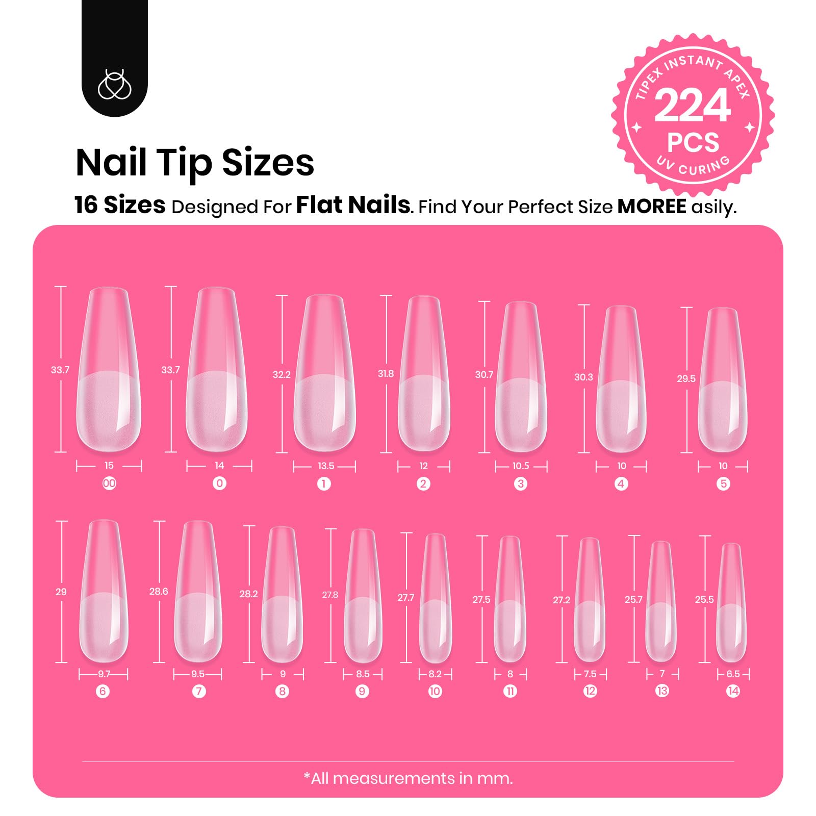Beetles Tipex Instant Apex Nail Tips Kit - Coffin Long 224Pcs 16 Sizes