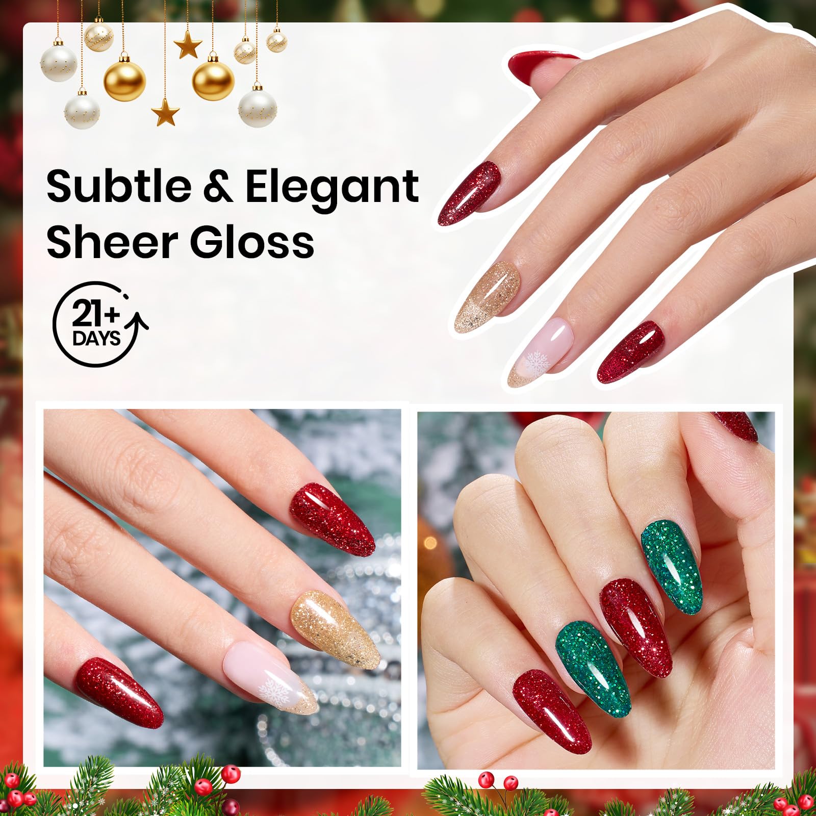 Beetles Christmas Dip Powder Nail Kit - Winter Colors Red Green Glitter Golden Dipping Powder with Liquid Set