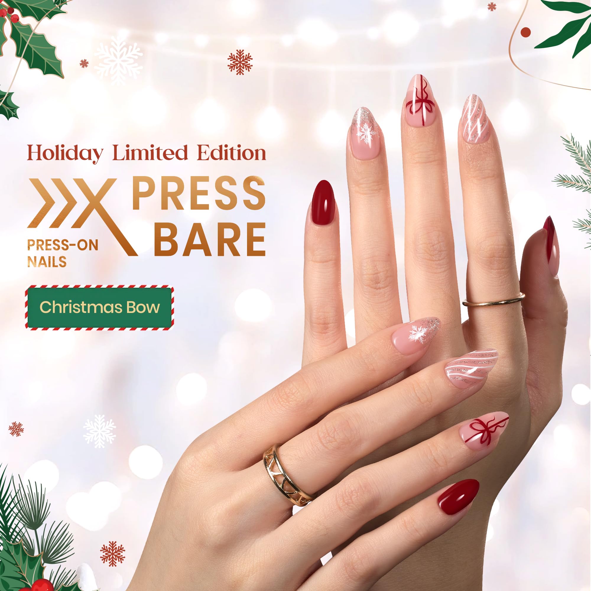 Beetles Christmas Press On Nails - Christmas Bow - 32Pcs 16 Sizes Natural Salon Quality Red French Nail Tip