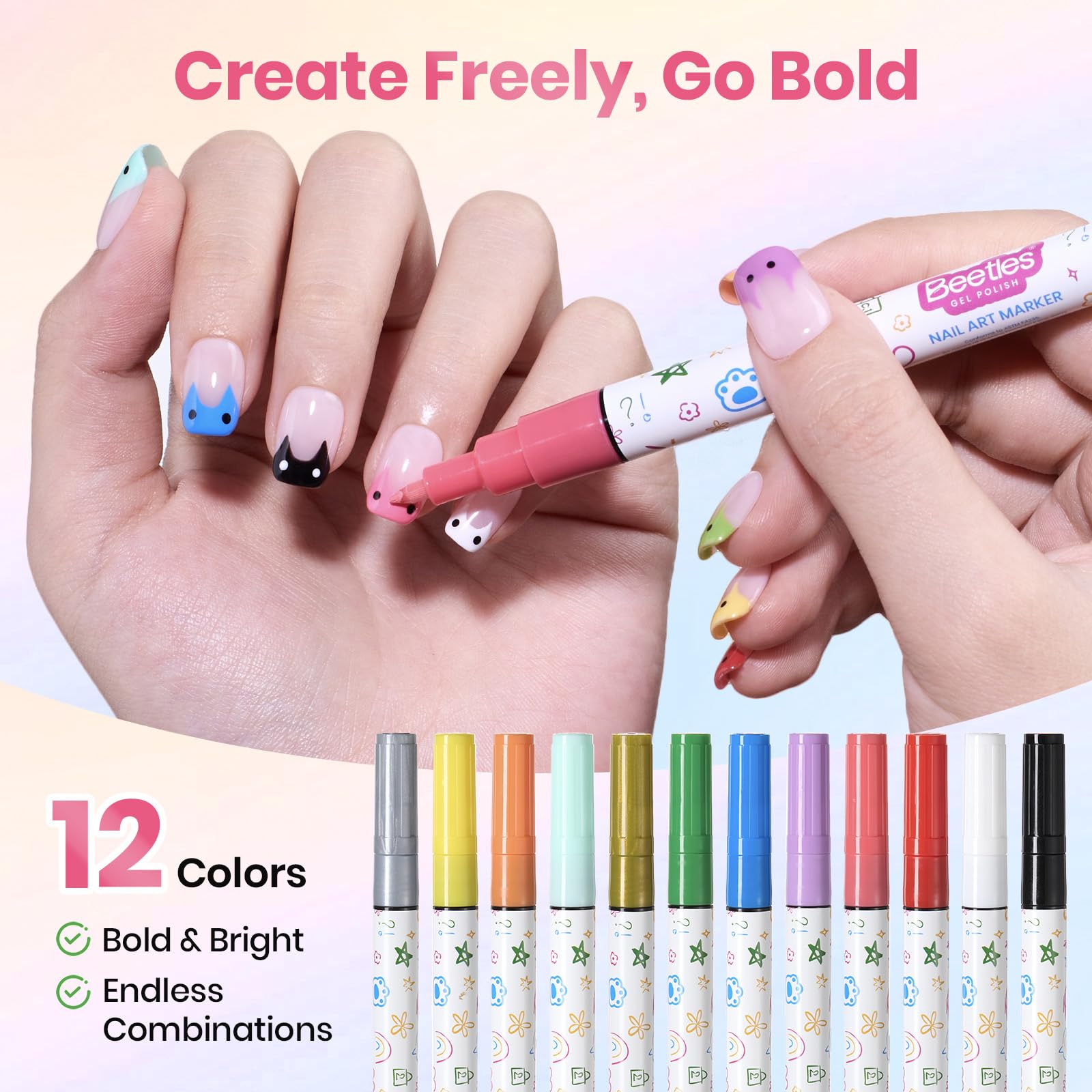 Beetles 12 Colors 0.7mm Nail Art Pens Fast Color Filling Nail Polish Pens Quick Air Drying