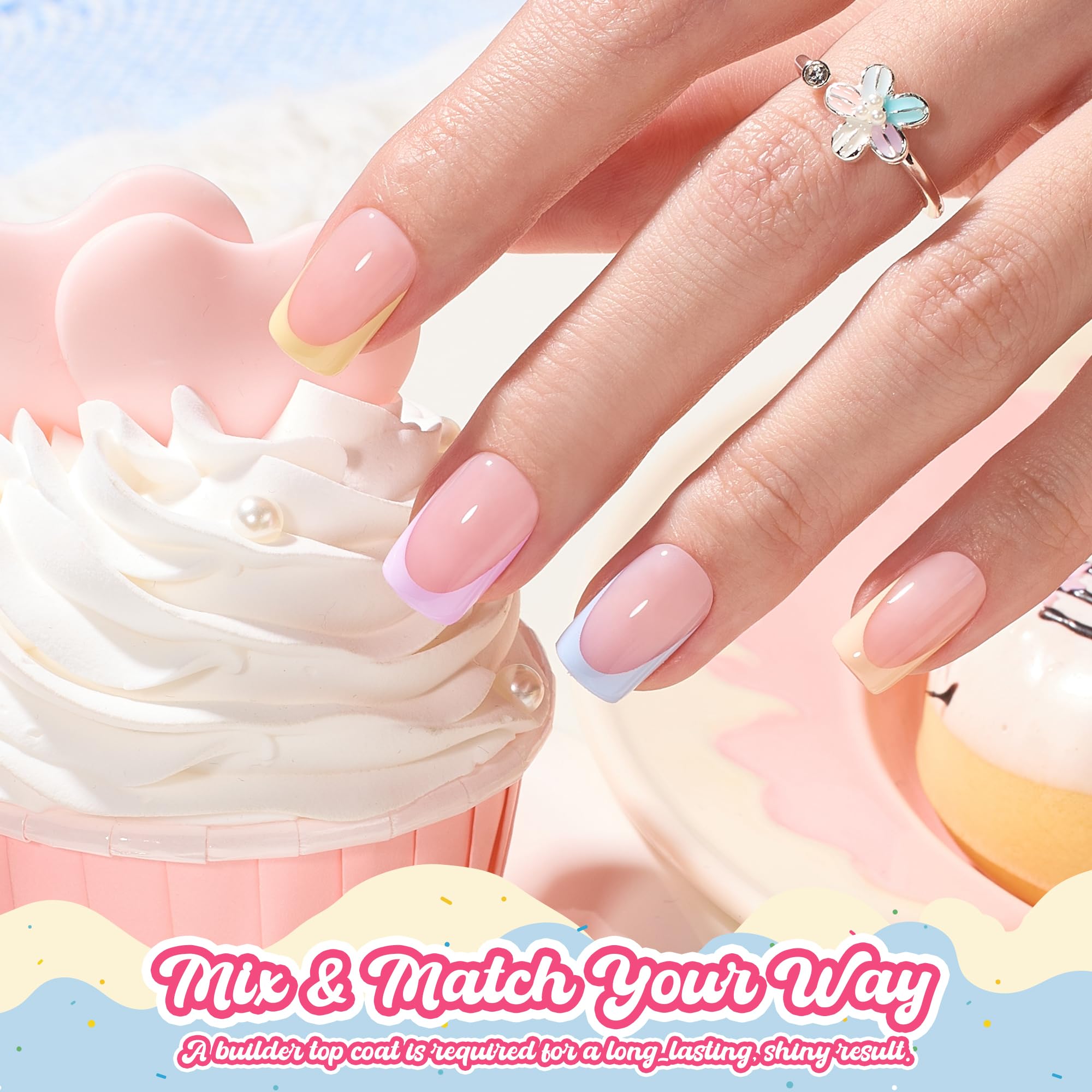 Beetles French Tips Press On Nails, Pastel Spring Nails Short Square 6 Colors 192 Pcs, Spring Fake Nail Tips