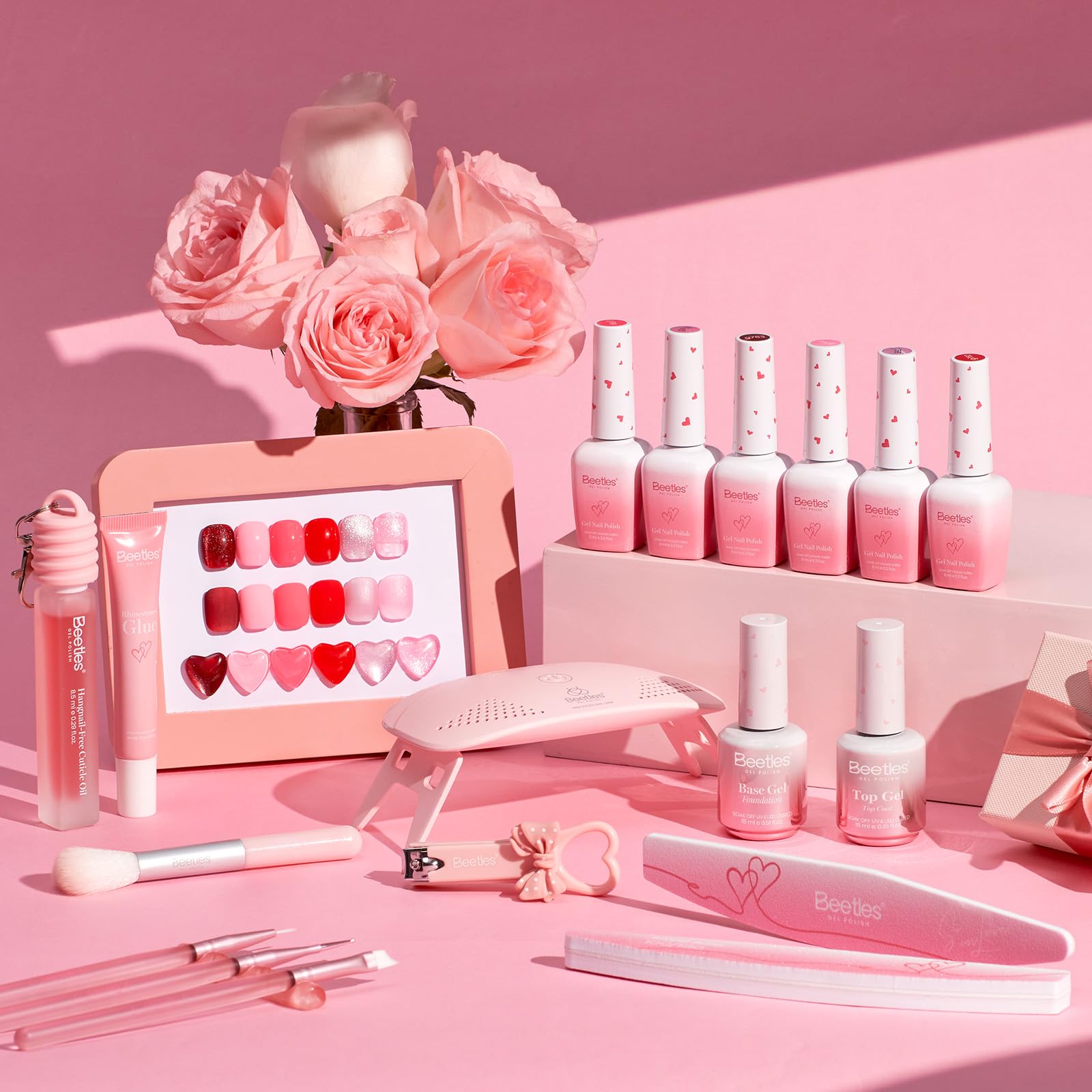 Beetles Gel Nail Starter Kit 6 Colors Red Cat Eye Gel Pink Jelly Glitter 30 Pcs All-in-One Mani Kit