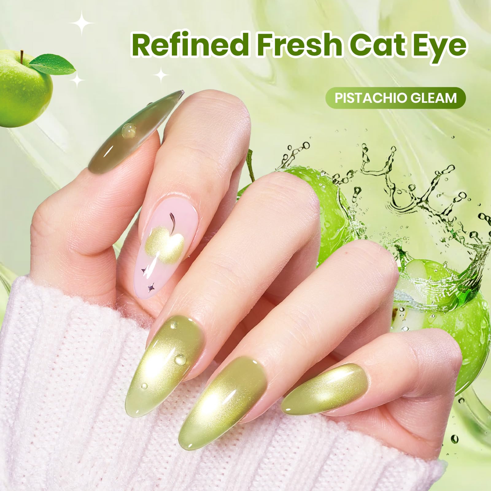 Beetles Pistachio Gleam Green Cat Eye Gel Nail Polish - 15ML Spring Gel Polish Light Green Cat Eye
