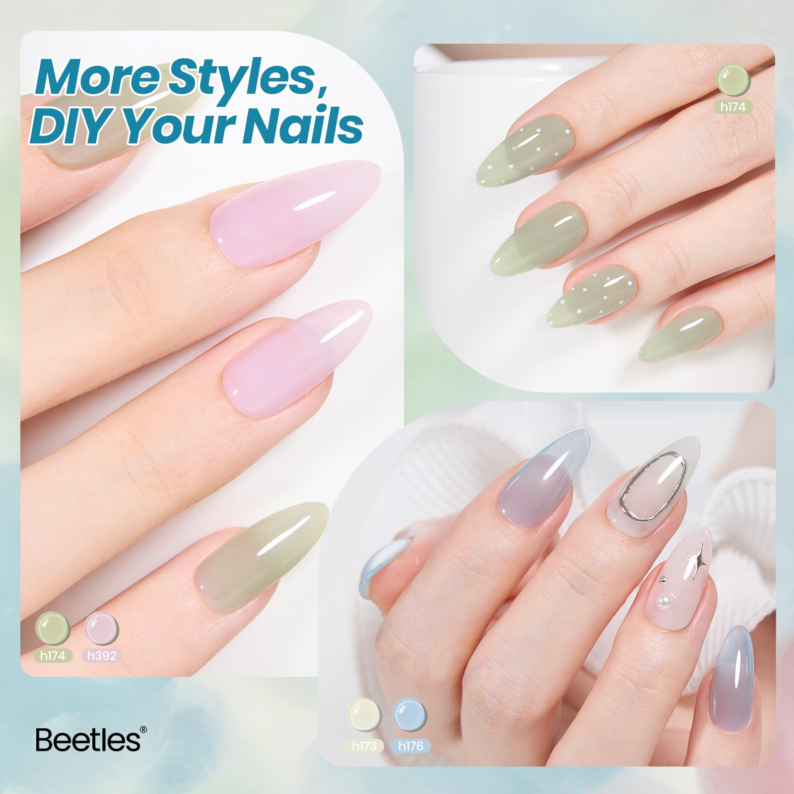 Beetles Juicy Shine Set 6 Colors Jelly Gel Nail Polish Kit Nude Pink Green Blue Summer Nails