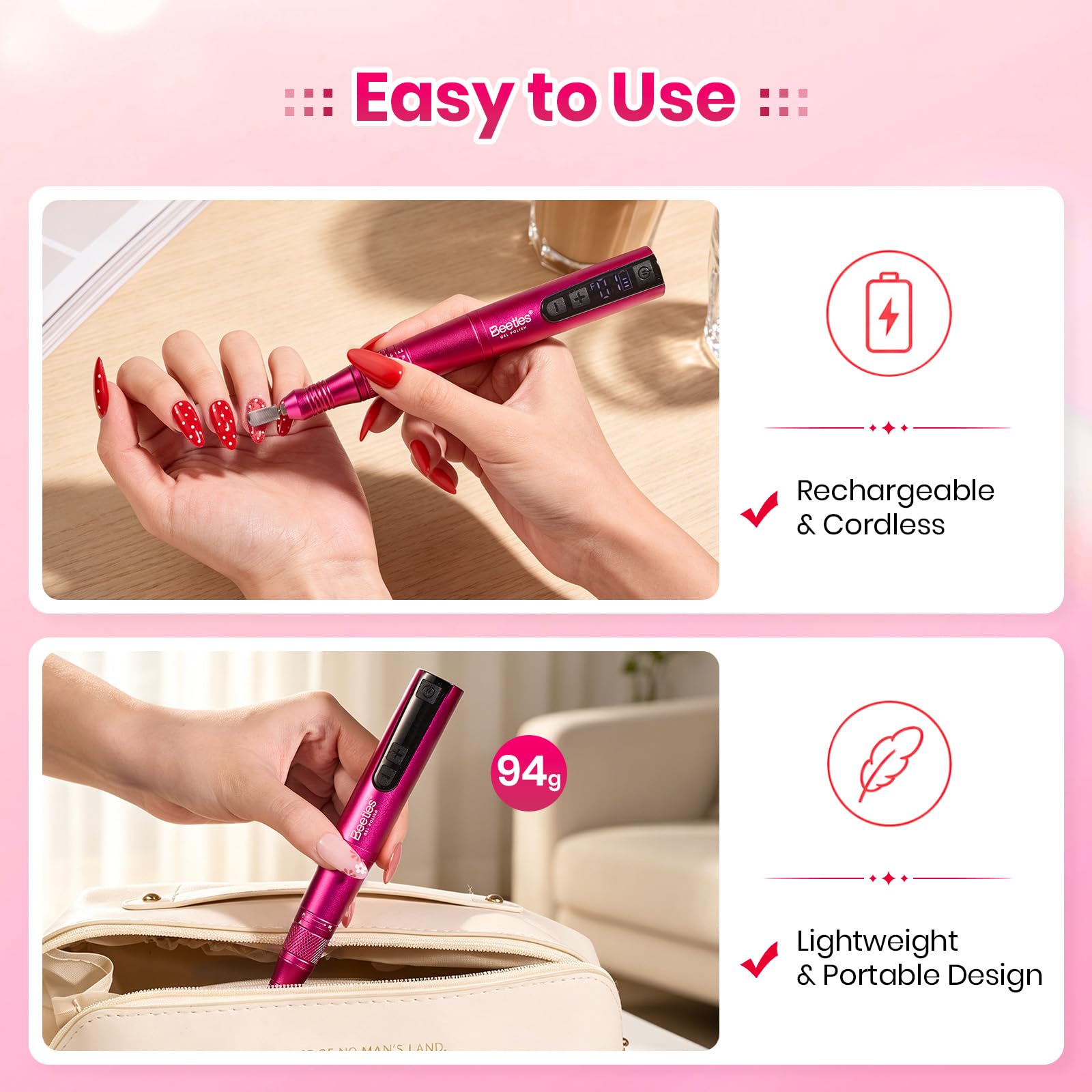 Beetles Electric Cordless Nail Drill Kit 6 Drill Bit 35 Speeds 0-15000 RPM Beginner-Friendly Pink Color