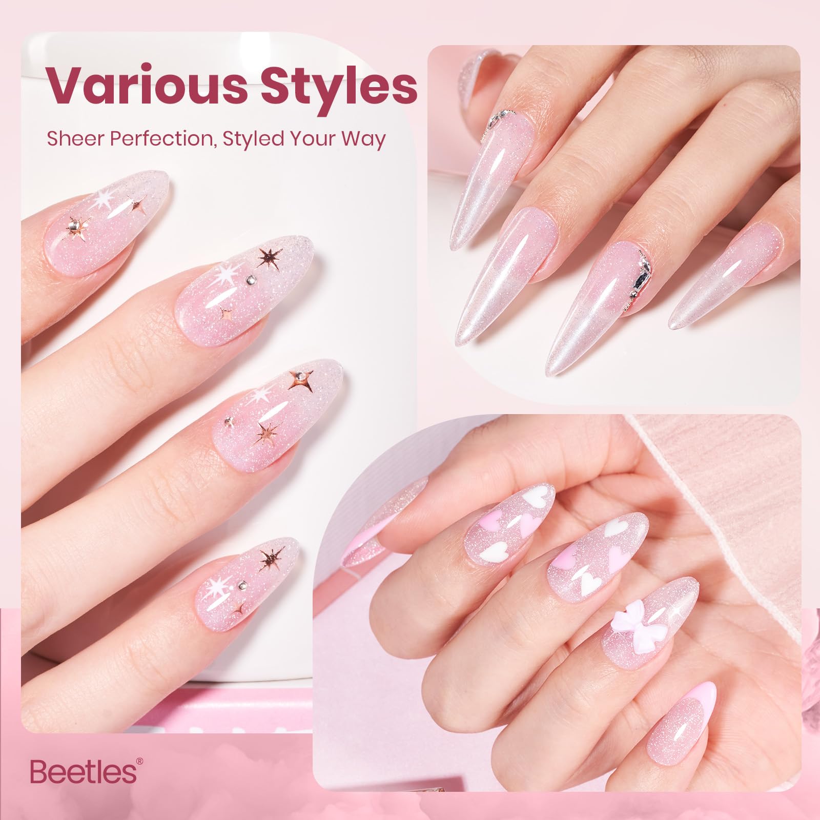Beetles Glitter Pink Gel Nail Polish -  Valentines Nails 15ML Soft Glow Fragments Pink Nude Natural Glitter Gel Polish